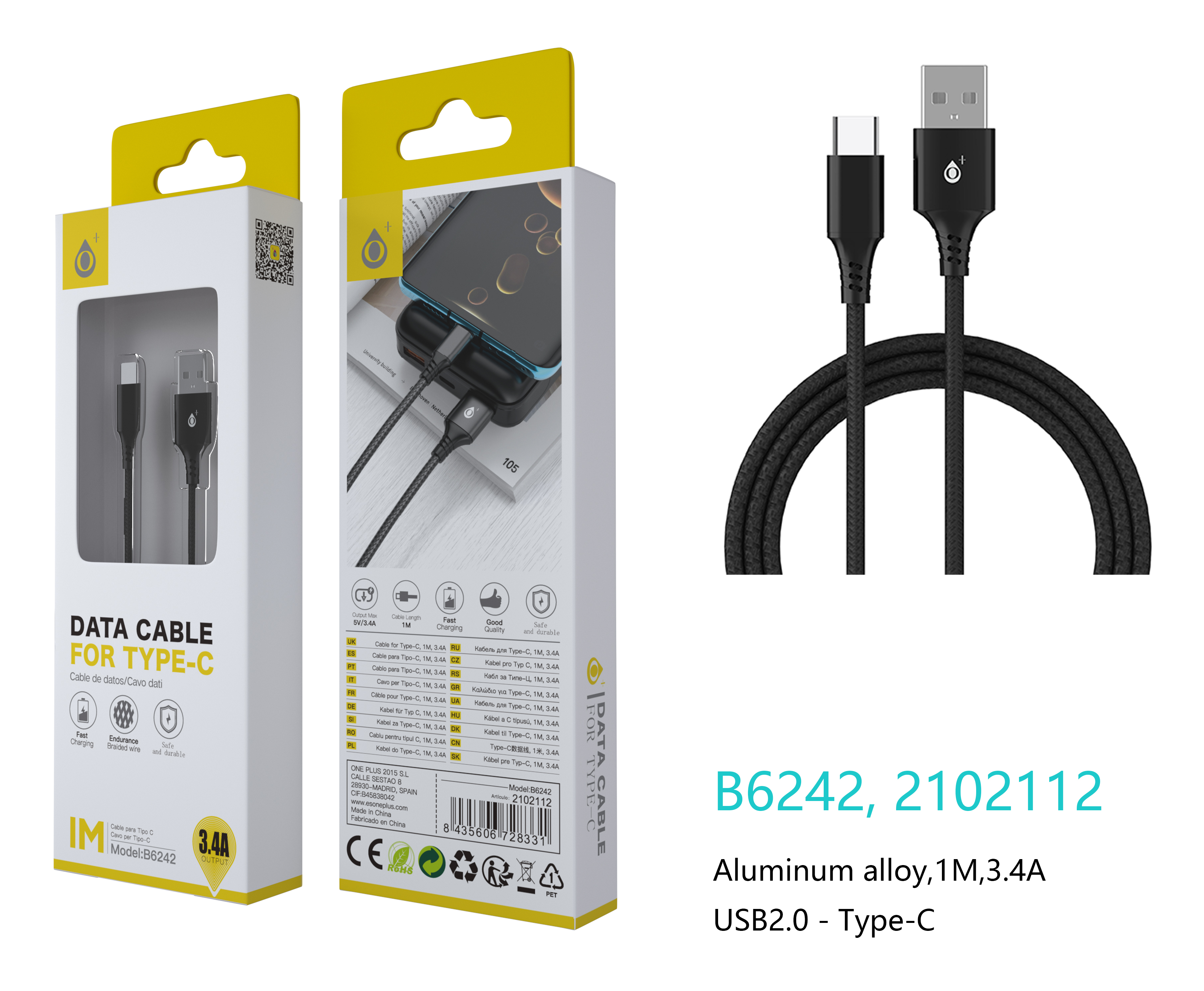 B6242 NE Cable de datos Aluminio S.Basic Giova para Type C ,3.4A, 1M , Negro