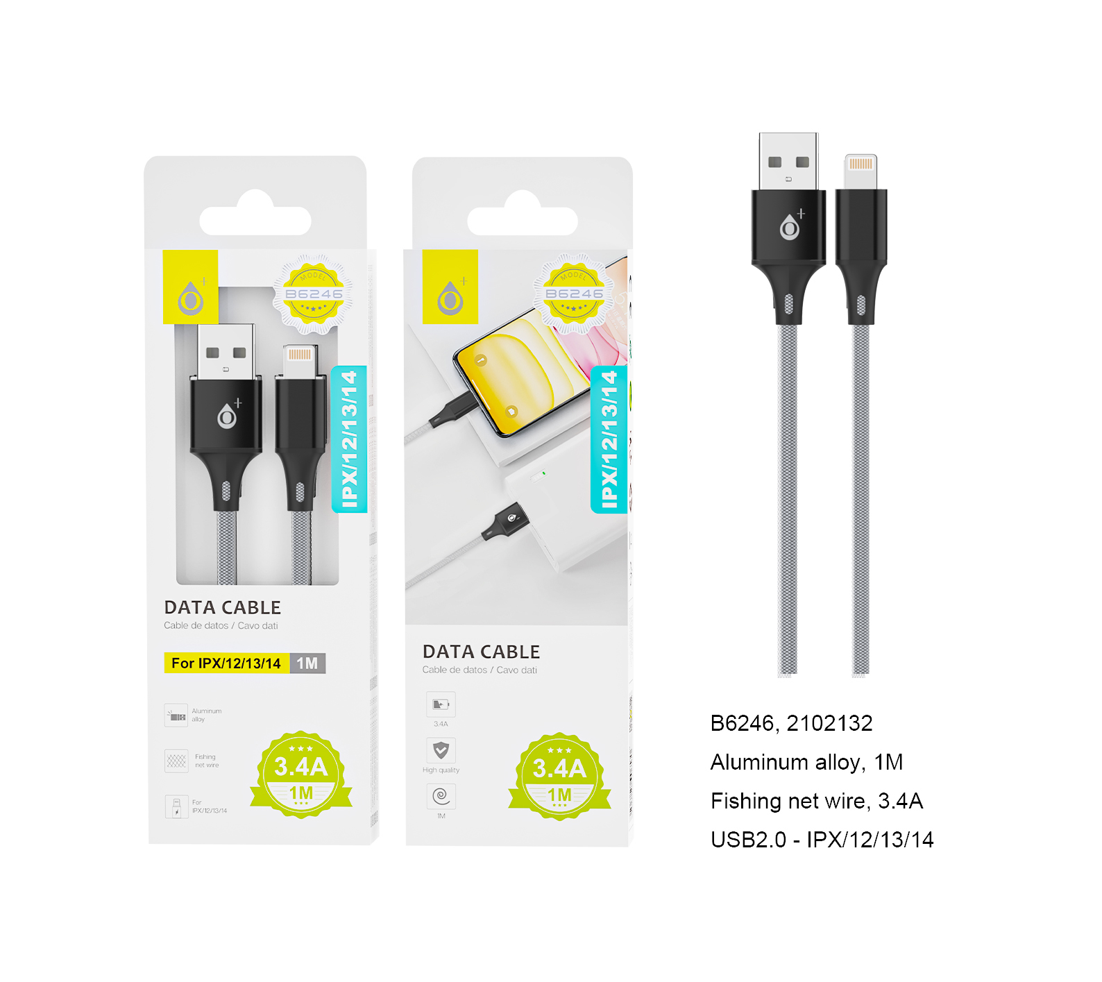 B6246 NE Cable de datos Aluminio Kratos para Iphone 6/7/8/X/XR/11, 2.4A , 1M, Negro