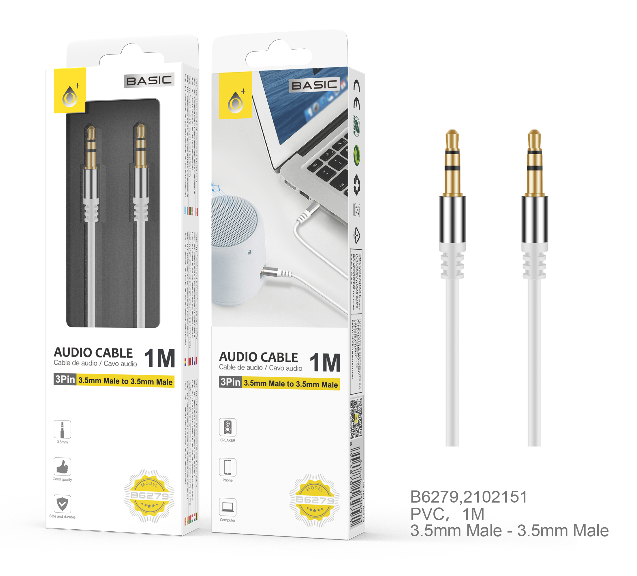 B6279 BL Cable de Audio S.Basic M/M 3.5mm , 1M ,conector Metalico, Blanco