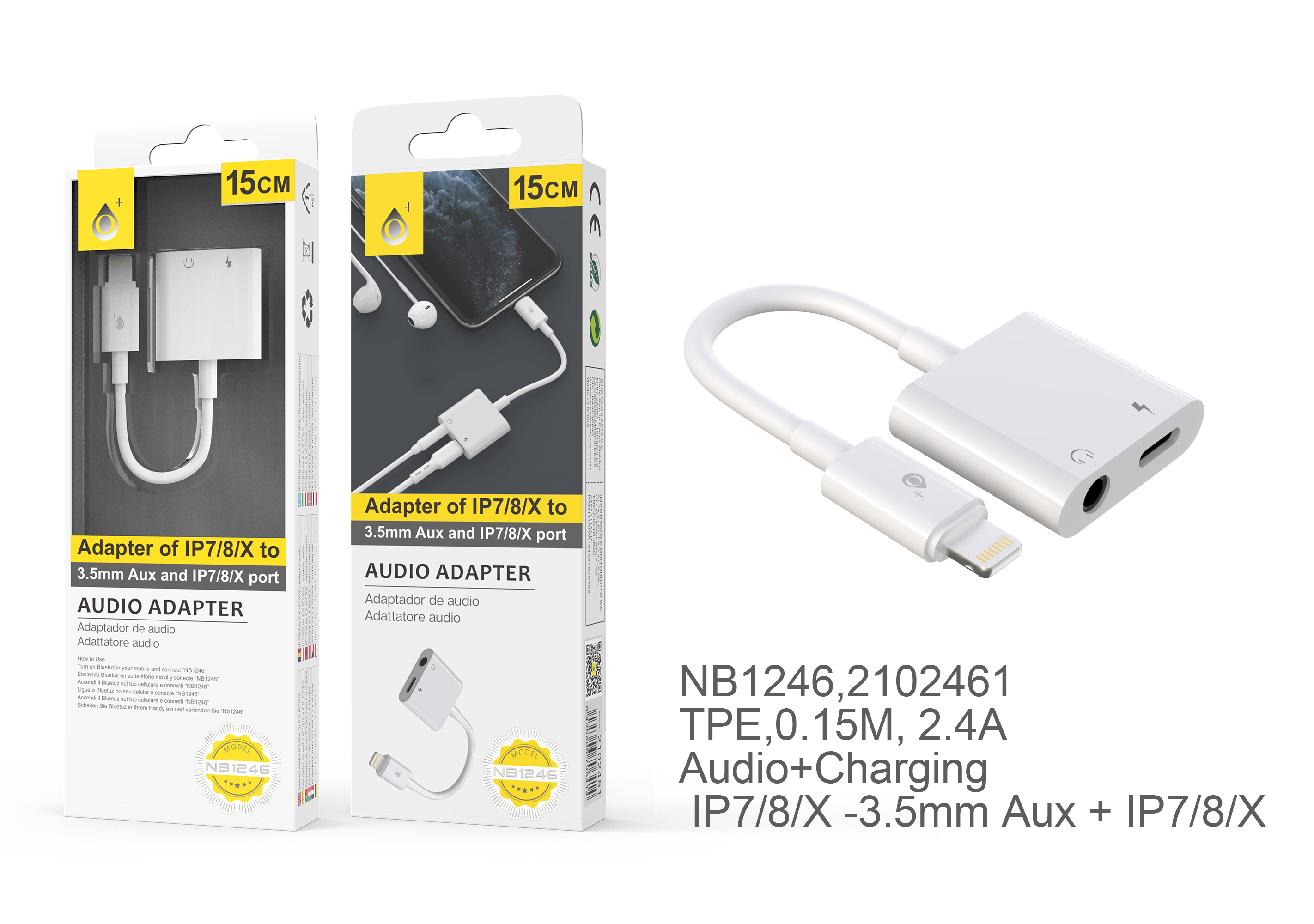 BL NB1246 Cable Adaptador 2 En 1  IP a Carga Iphone + Audio 3,5mm , 0,15M, Blanco