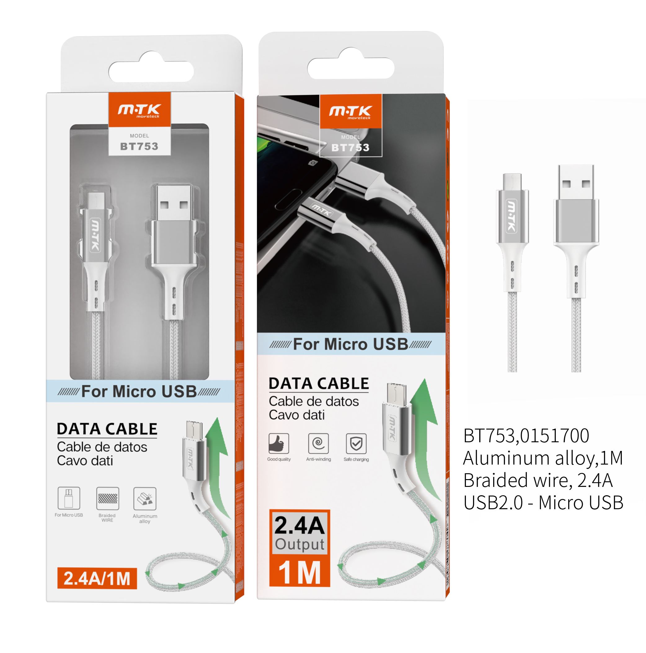 BT753 PL Cable de Datos  Aluminio Flat para Micro USB , 2A  1M , Plata