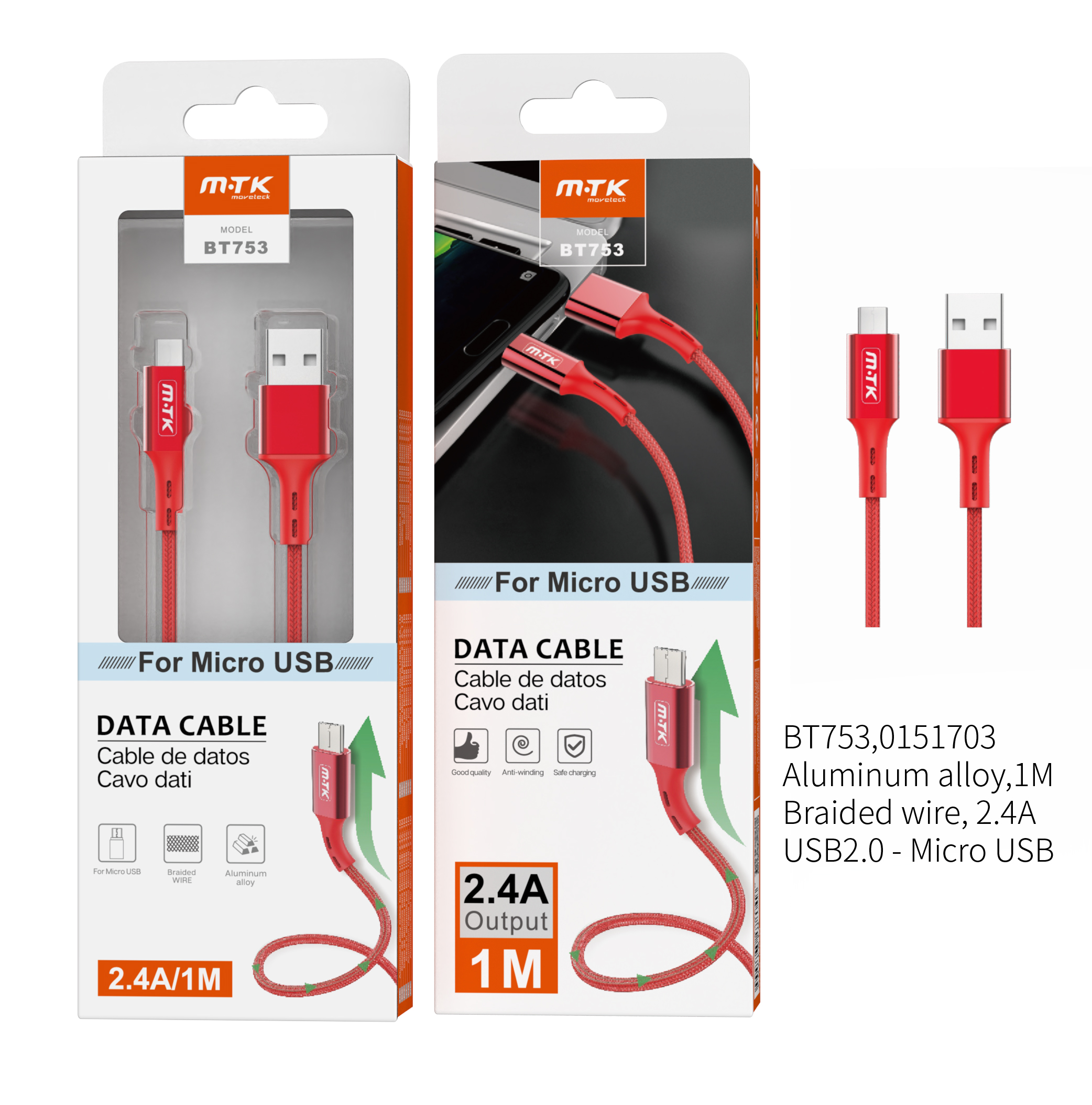 BT753 RJ Cable de Datos  Aluminio Flat para Micro USB , 2A  1M , Rojo