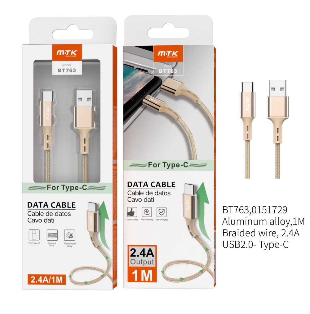 BT763 OR  Cable de Datos  Aluminio Flat para Type C, 2A  1M , Oro