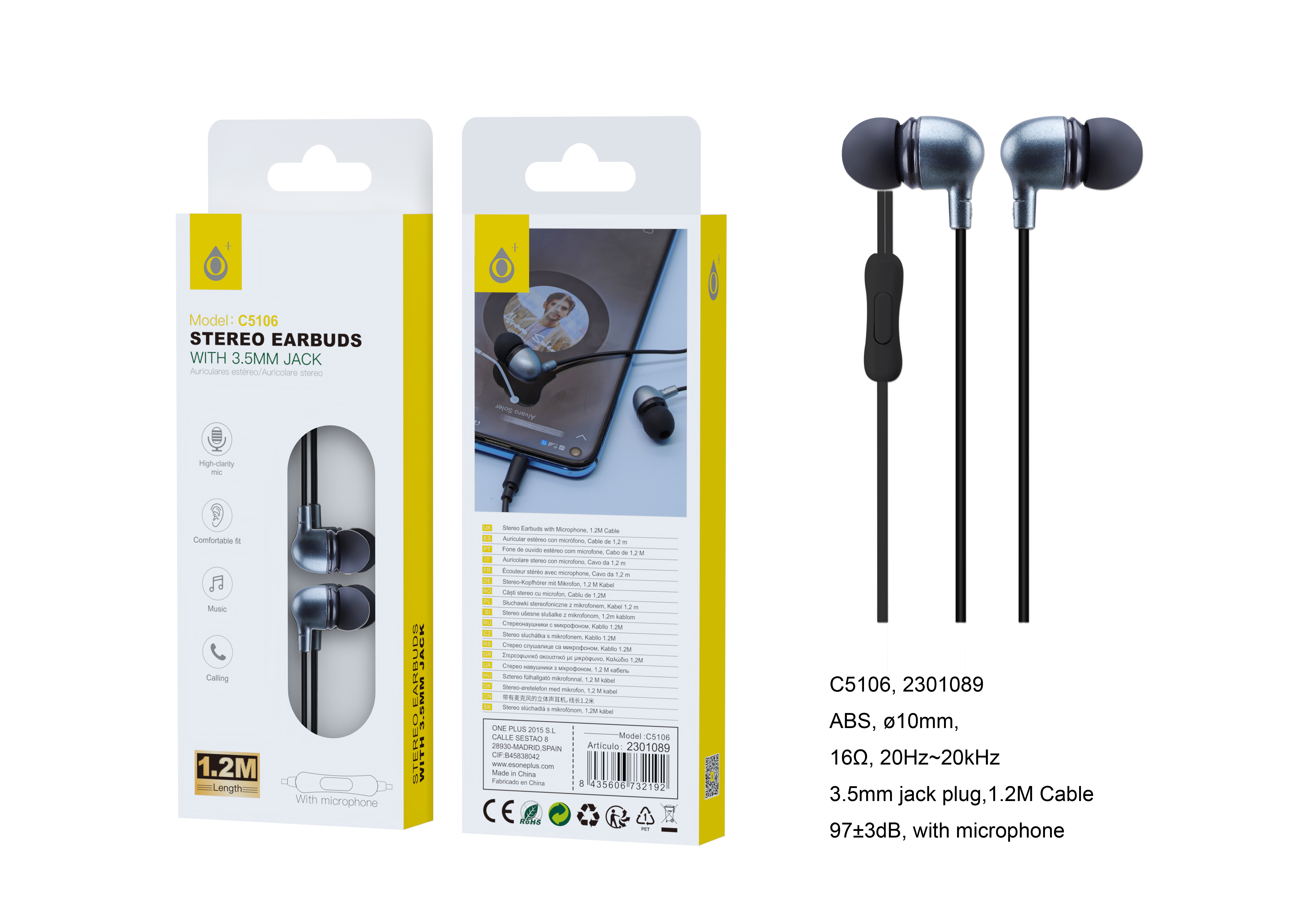 C5106 GR Auriculares con Micrófono Apolo, 1,2M,Gris