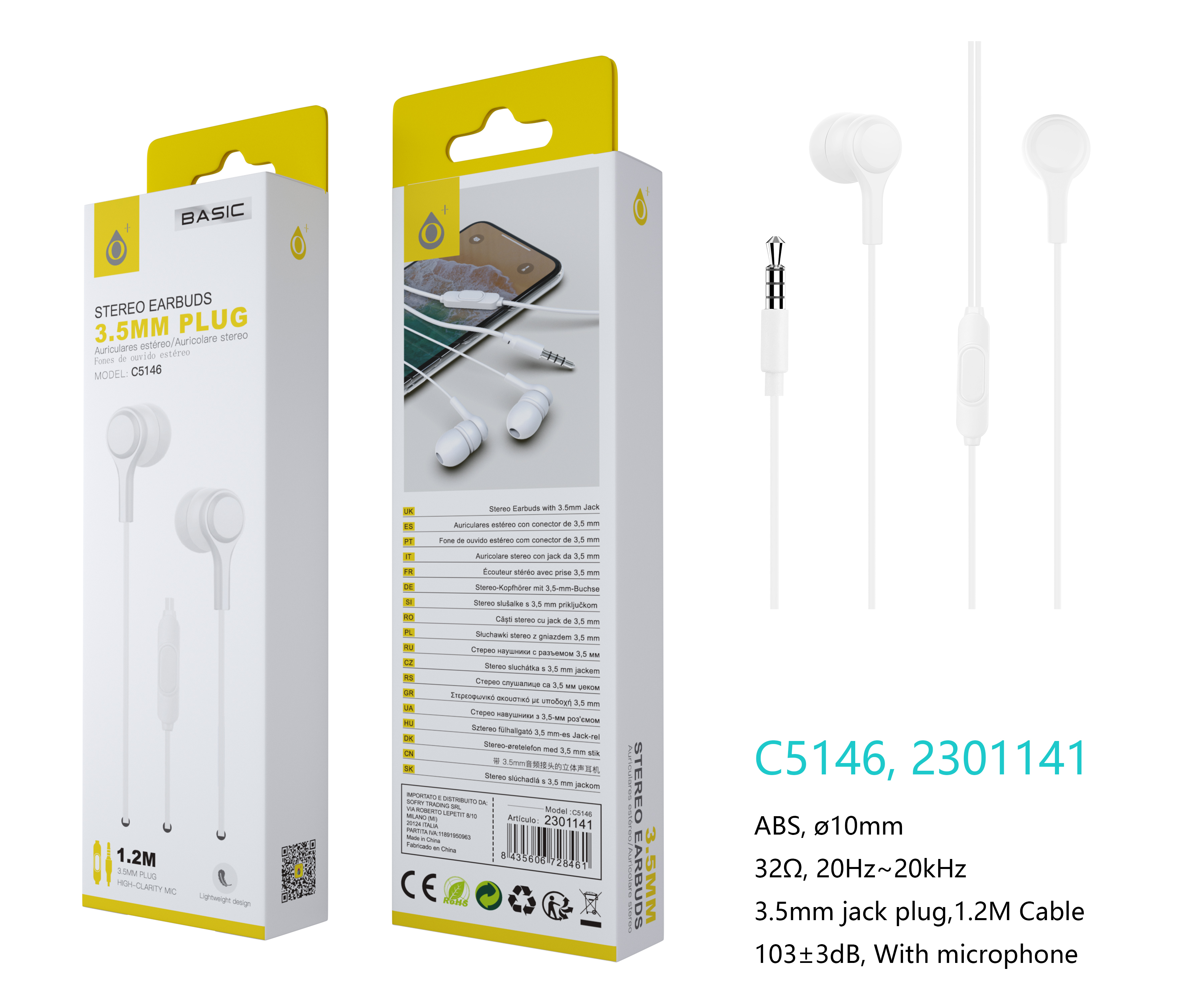 C5146 BL Auriculares con Micrófono Lenoy 1.2M,Blanco