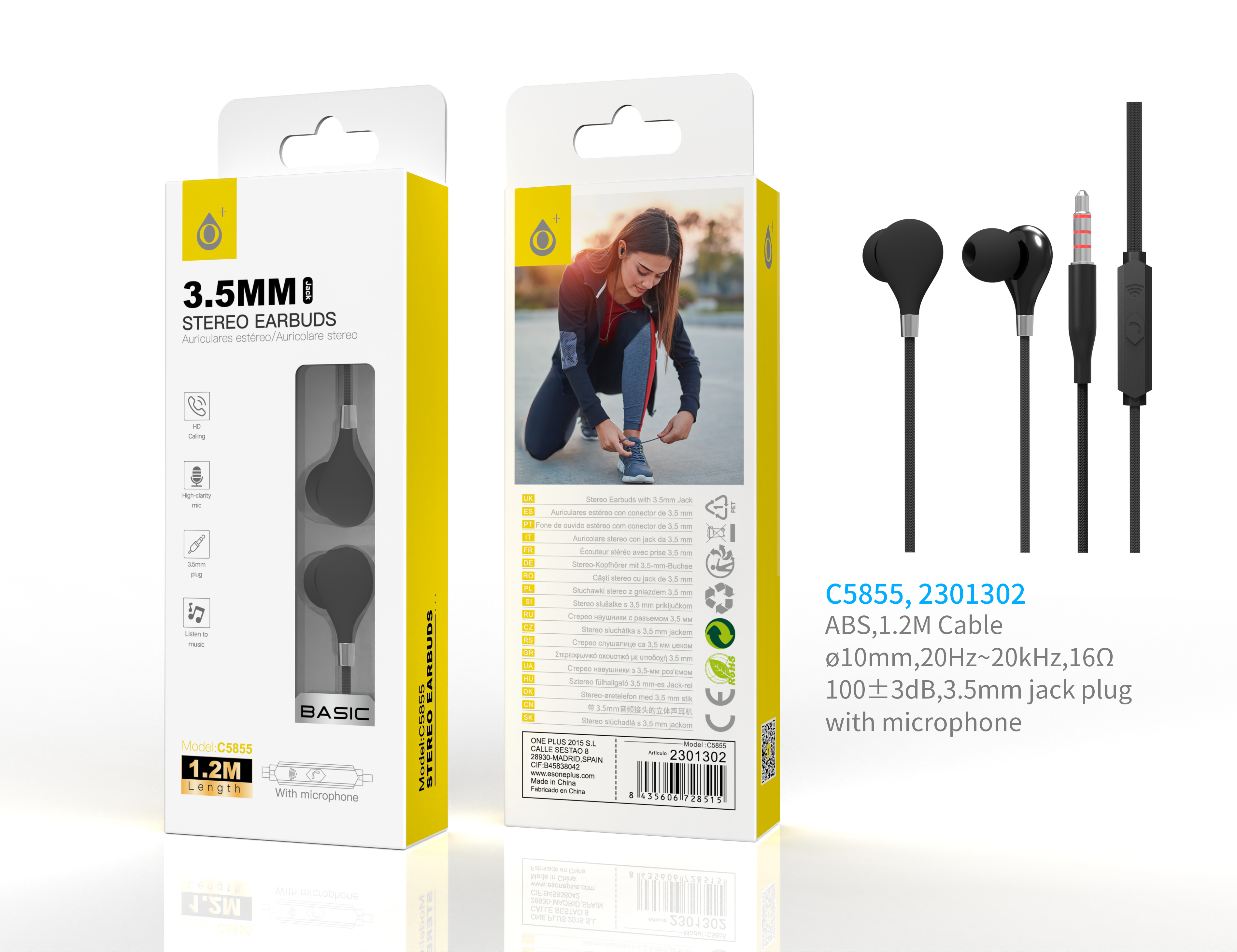 C5855 NE Auriculares S.Basic Carey con Microfono y Boton multifuncion, 1.2M, Negro