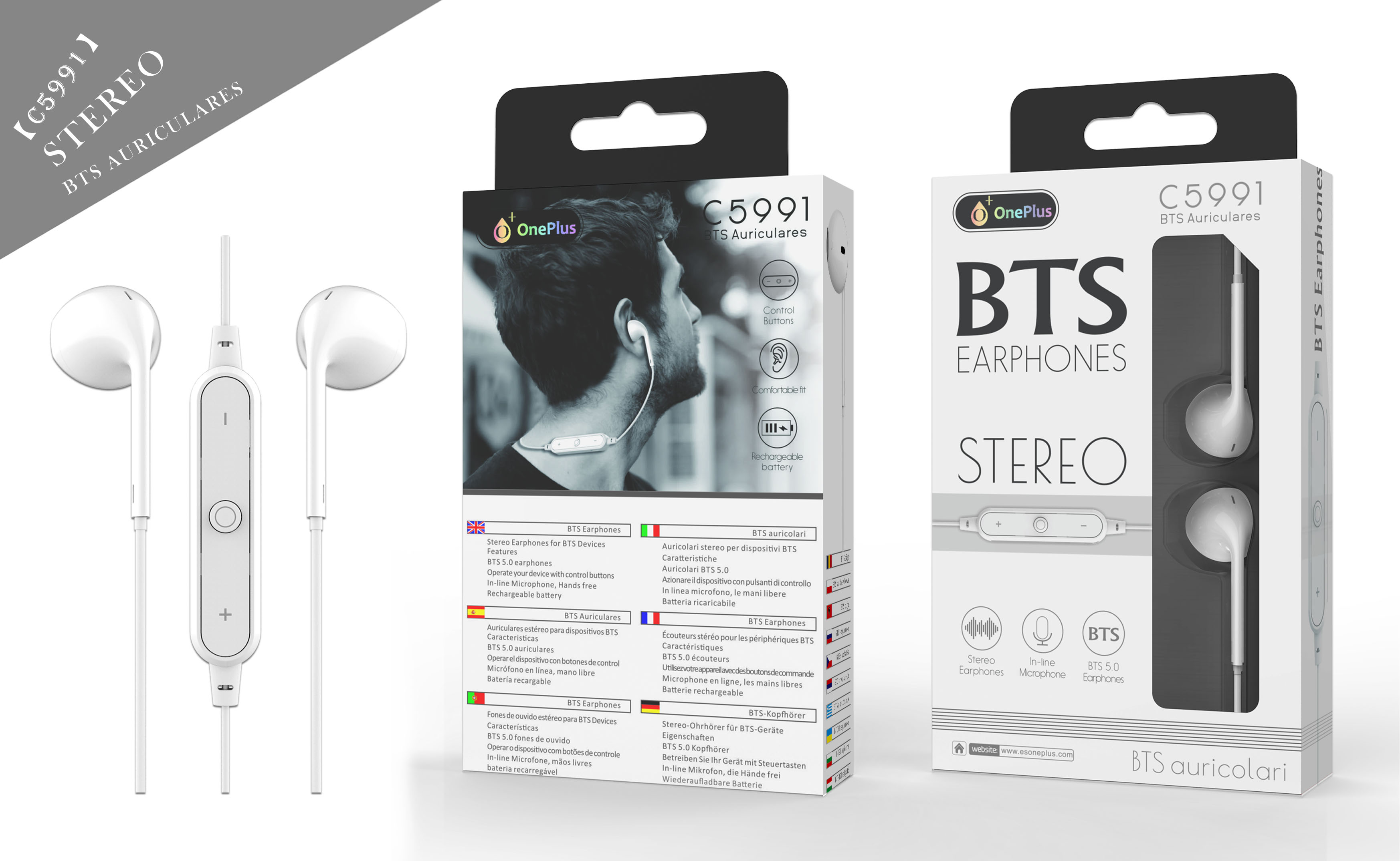 C5991 BL Auriculares Bluetooth S.Basic Draco con función de Rellamada, BTS 5.0, Blanco