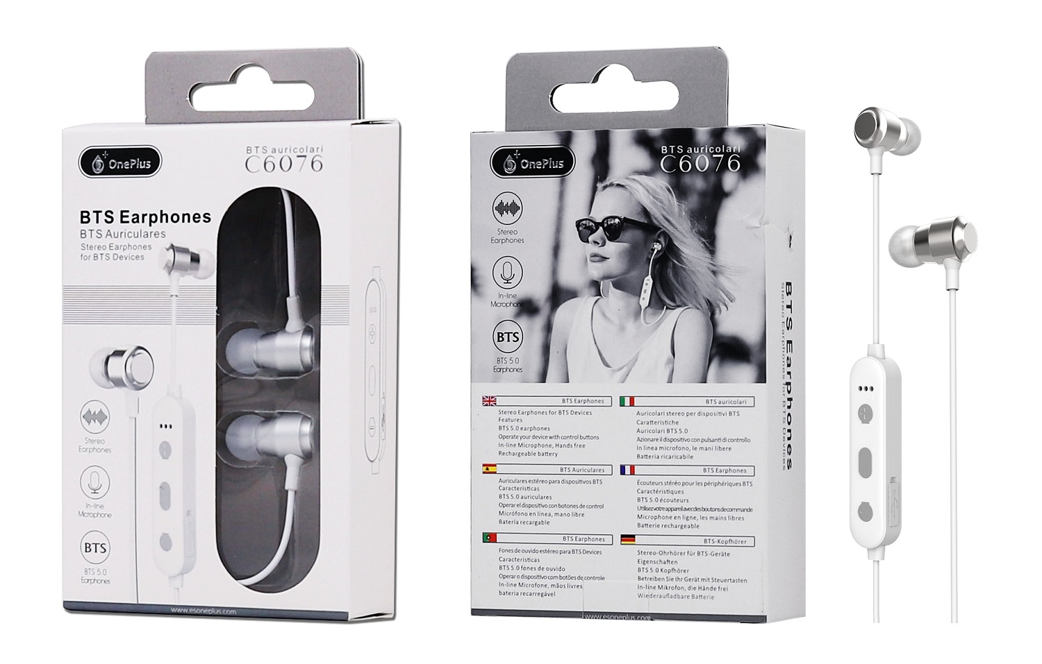 C6076 PL Auriculares Metal Bluetooth S.Basic Muk con botón multifuncional y micrófono, BTS 5.0, con función rellamada,  Plata