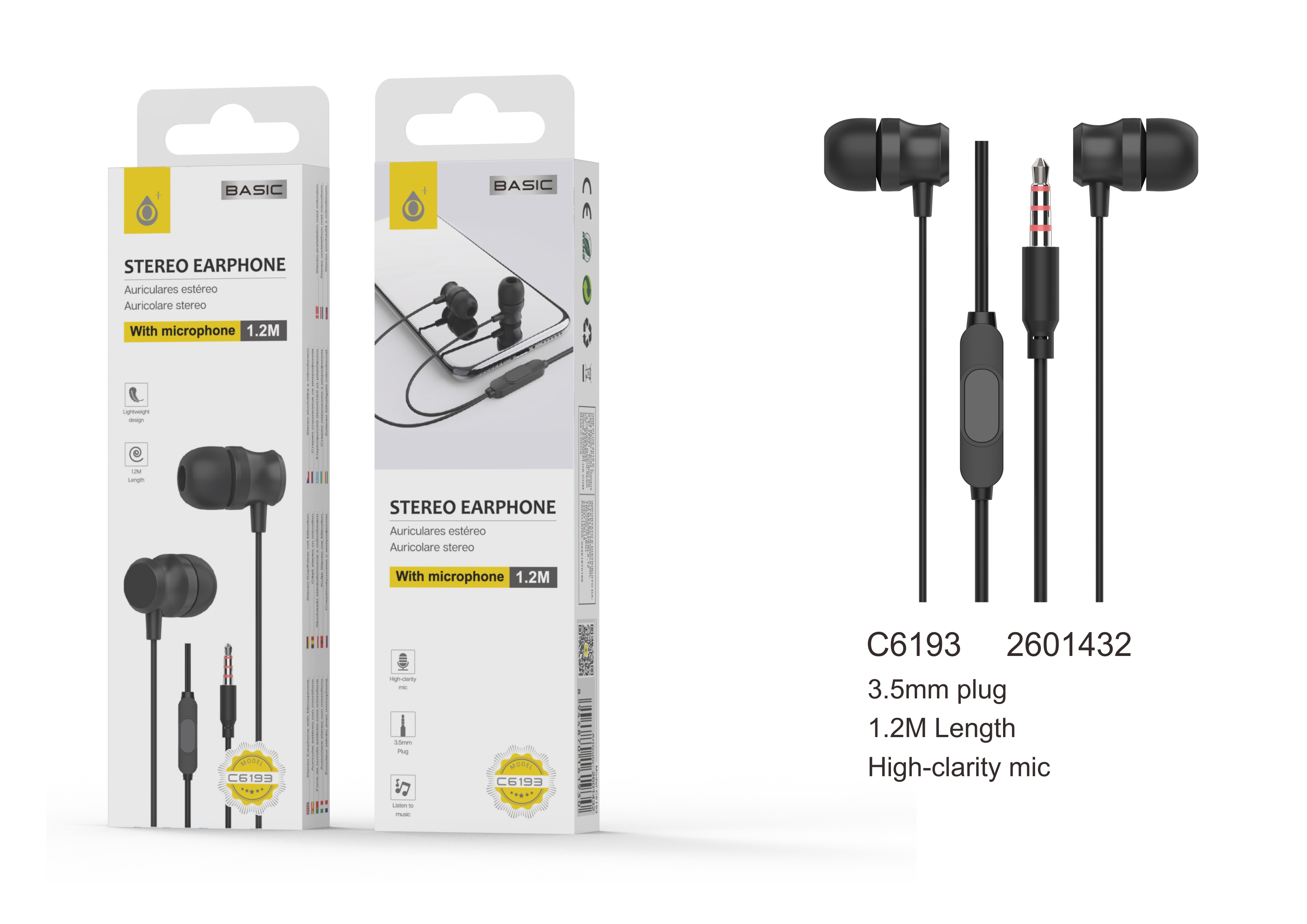 C6193 NE Auriculares con micrófono S.Basic Ditto,con botón multifunciones, cable 1.2M , Negro