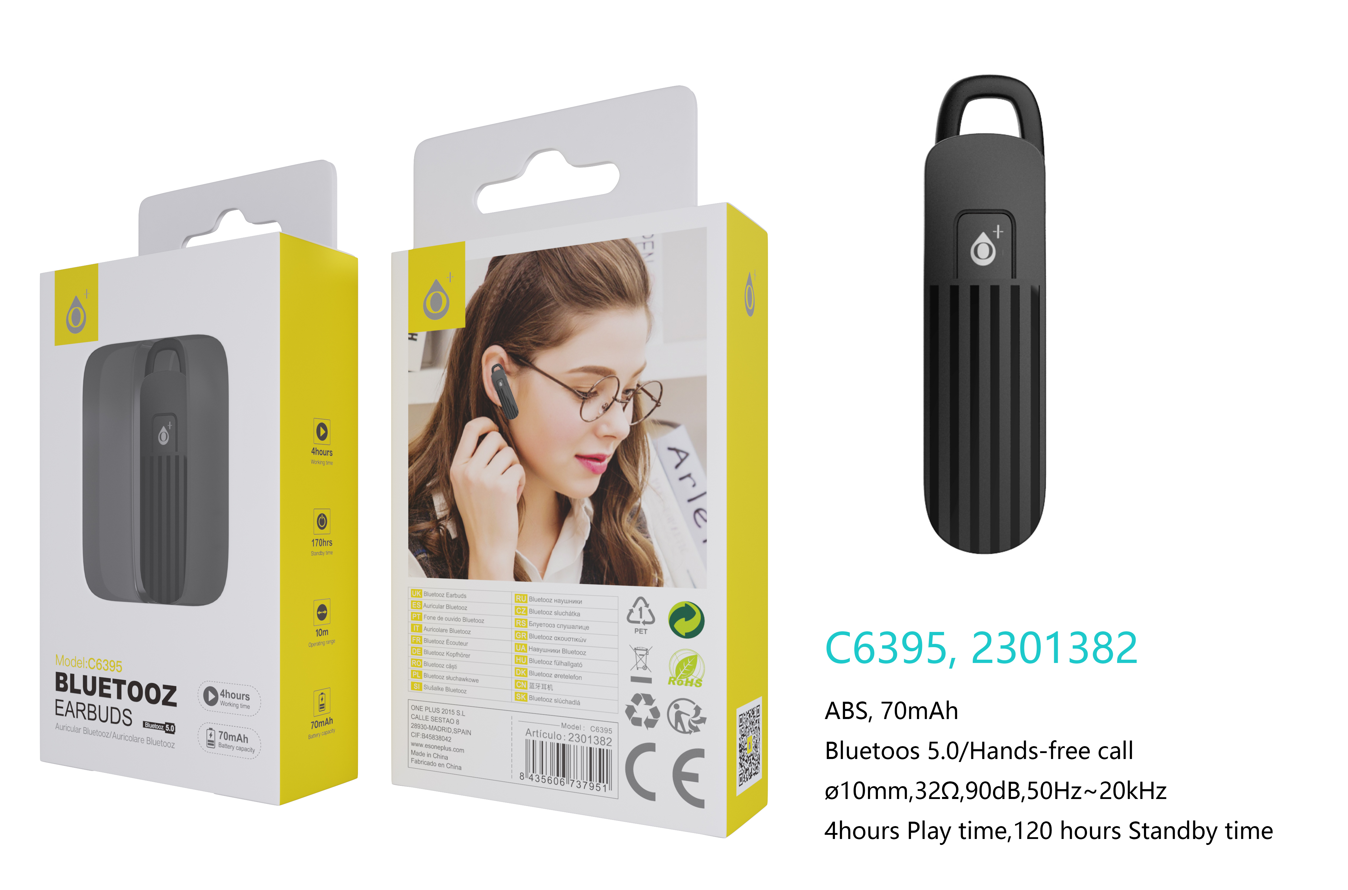 C6395 NE Auricular Bluetooth Ranur para 2 dispositivos BTS con función Rellamada, BTS 5.0 70mAh, uso para 4 horas, Negro