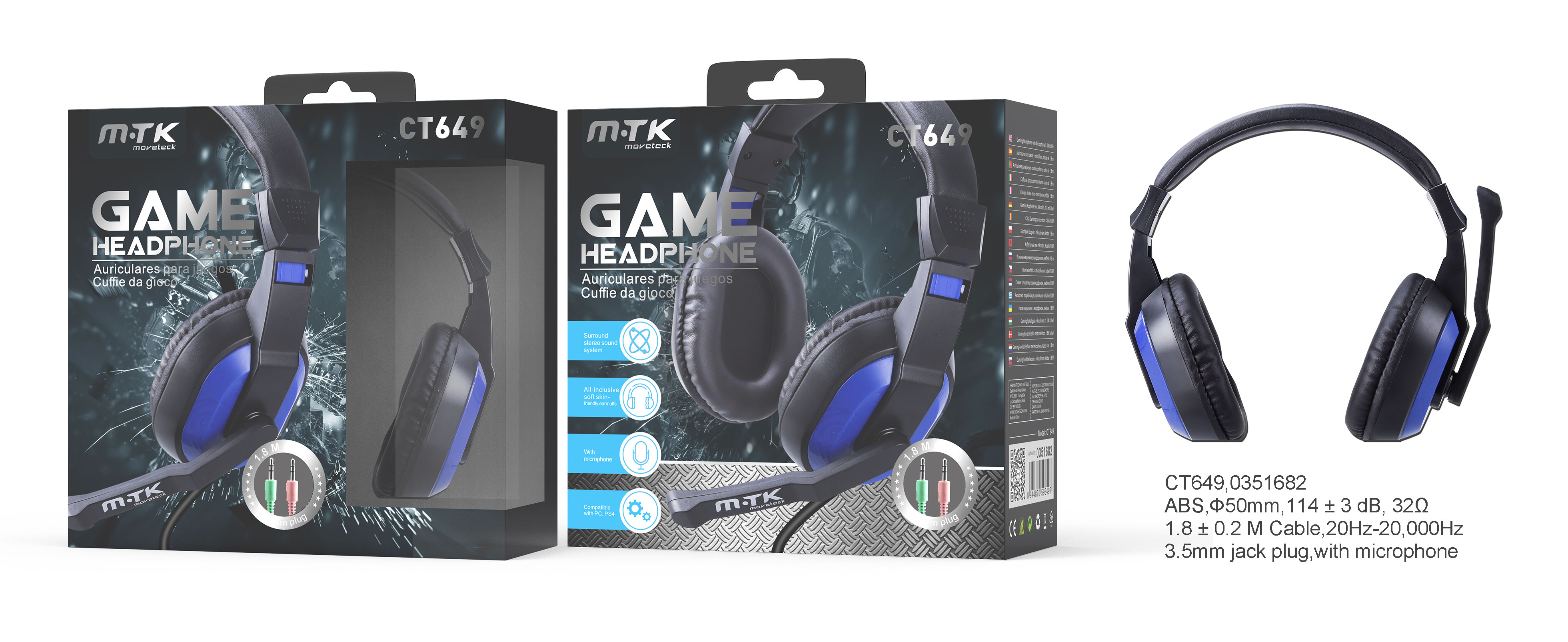 CT649 NE+AZ Auriculares Casco Gaming con Micrófono para PS4/Nintendo Switch/Xbox One/Portátil/Tablet/Móvil,Negro+Azul