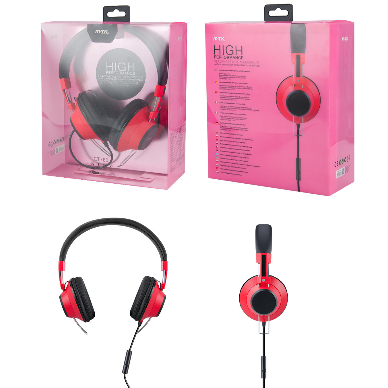 CT760 RJ Auriculares con Microfono Kira, SuperBass con Cable 1.2M, Rojo