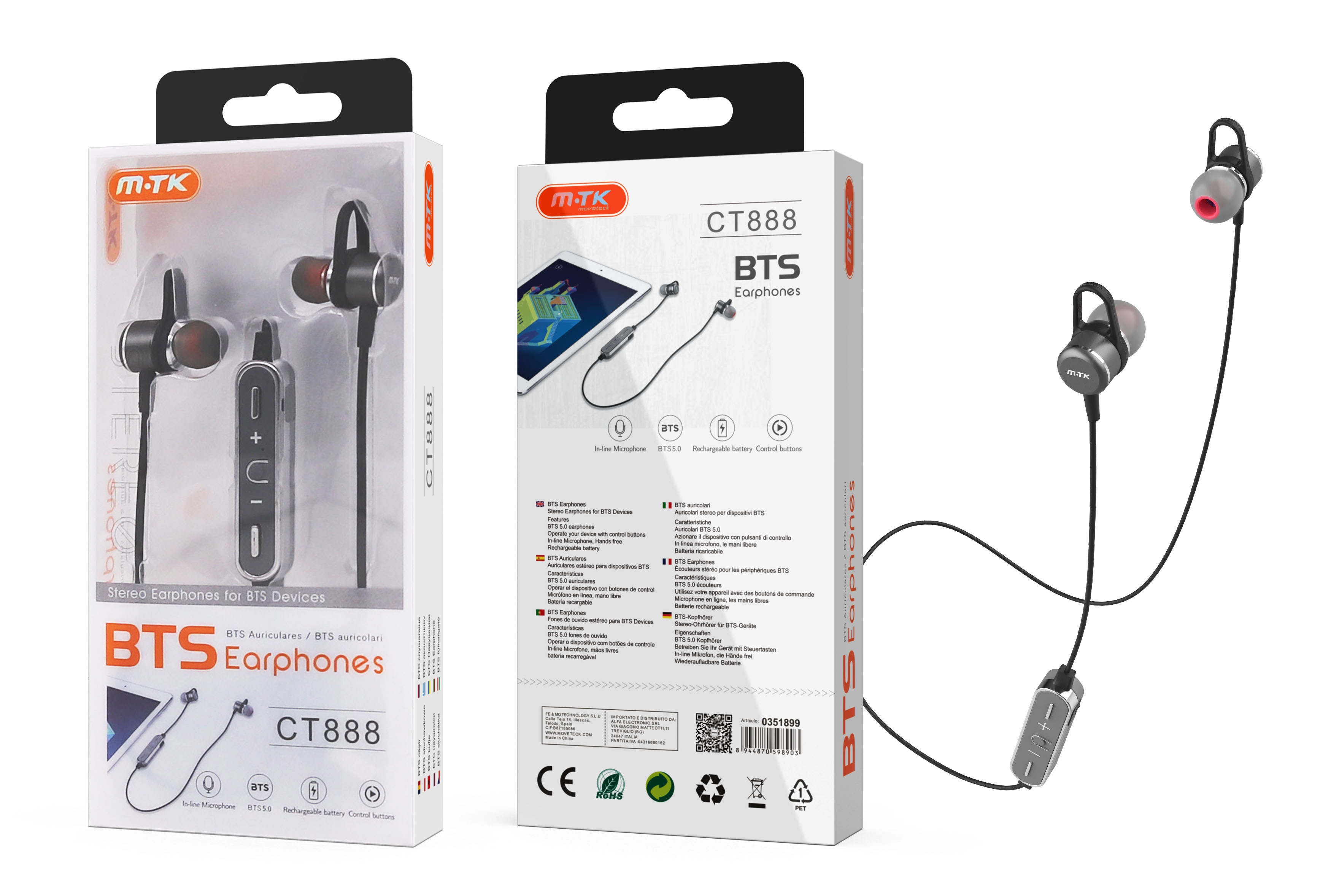 CT888 GR Auriculares Metal Bluetooth Grimer con botón multifuncional y micrófono, BTS 5.0 función rellamada ,Gris