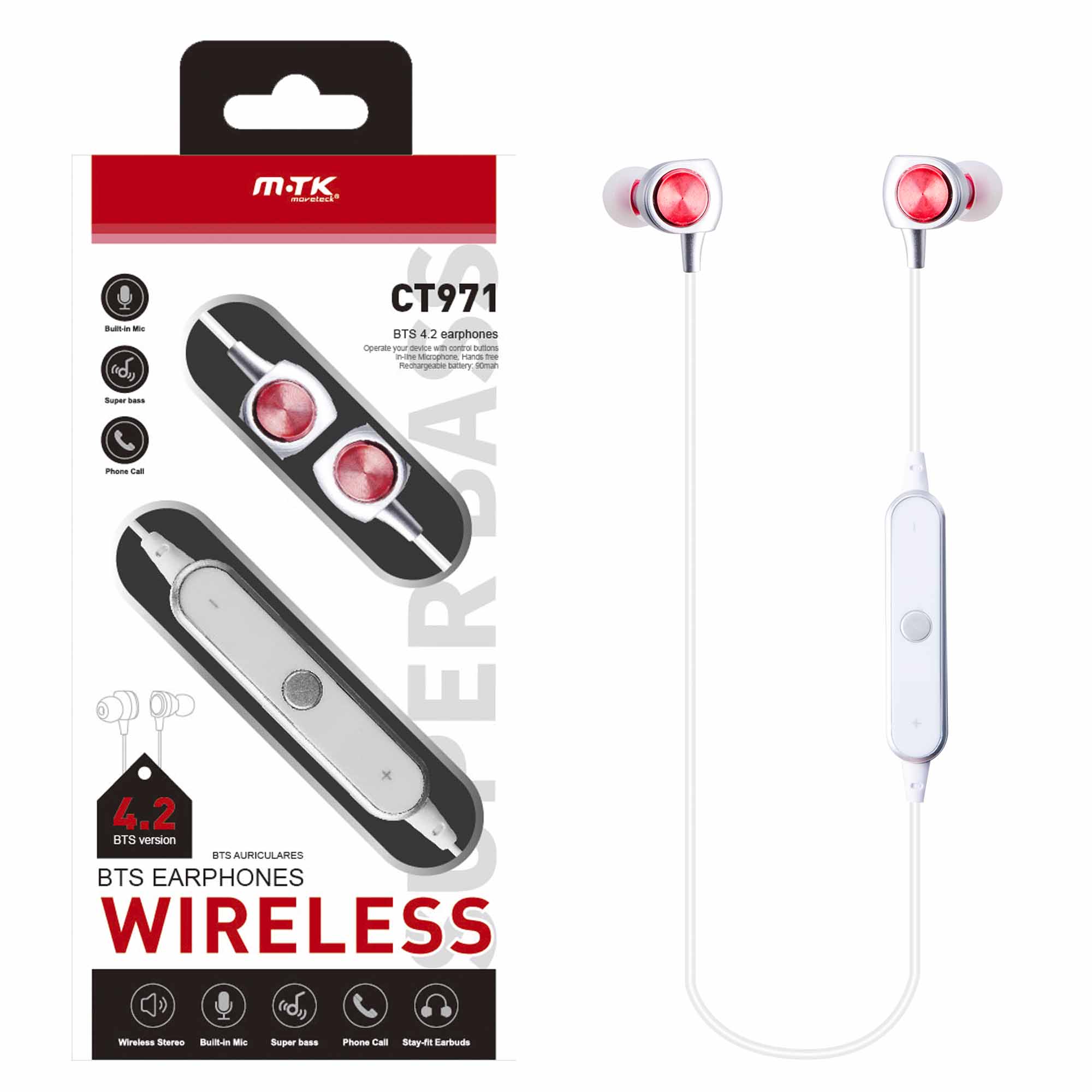 CT971 RJ Auriculares Bluetooth Prisma con Microfono  , función de Rellamada , Rojo