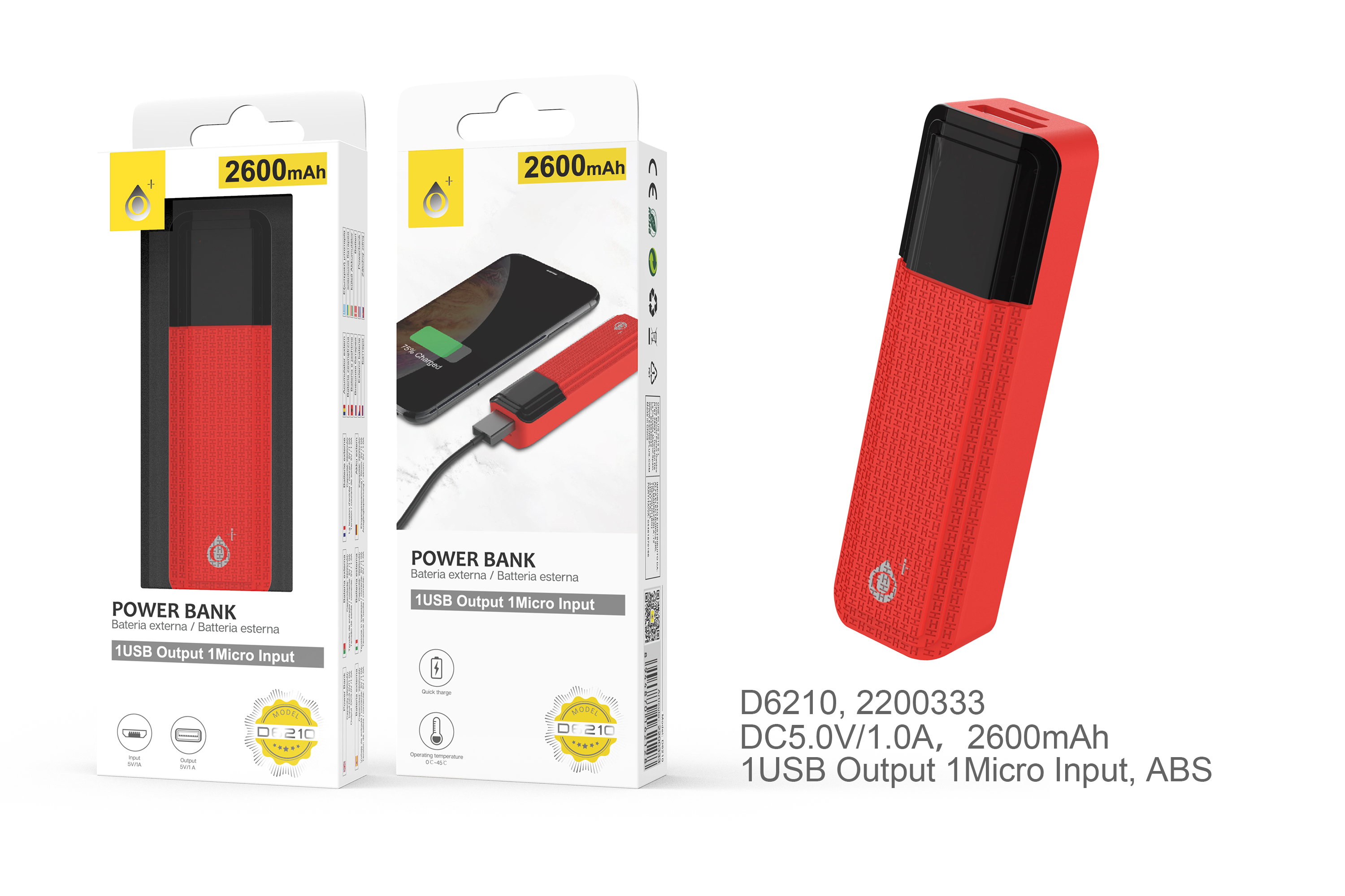 D6210 RJ Power Bank Sorlax 2600 mAh, Rojo