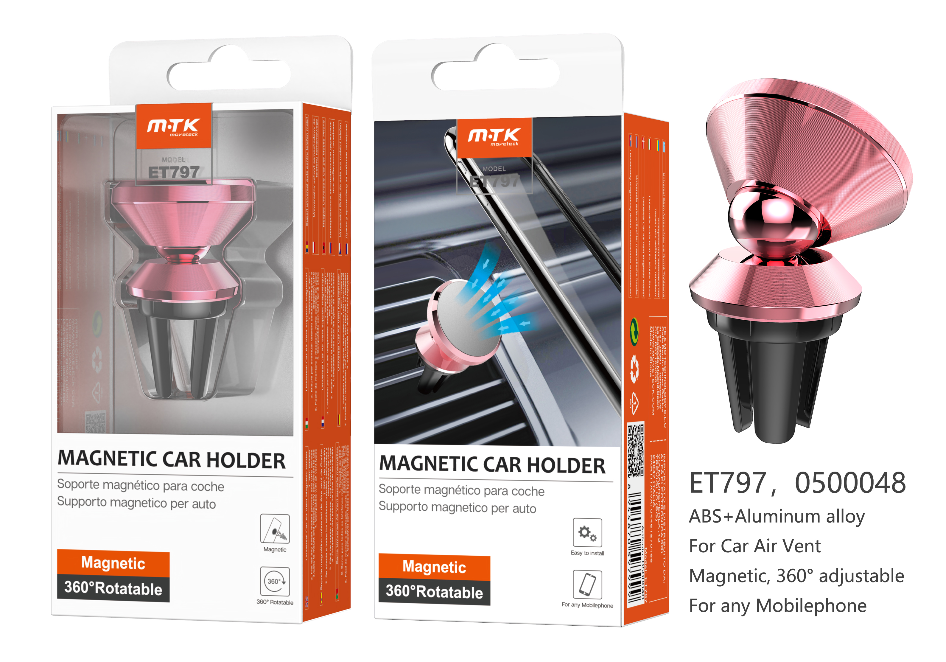 ET797 RS Soporte Universal Magentica de coche para movil airvent, 360º Rotacion, Rosa