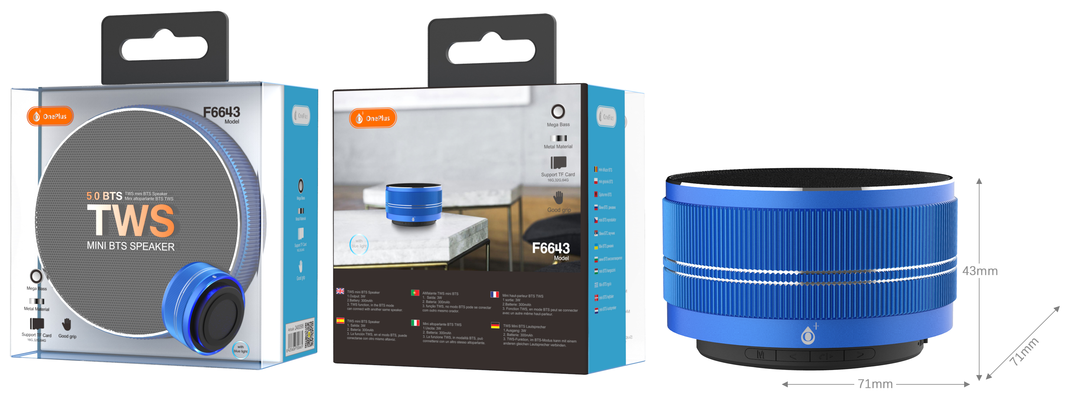 F6643 AZ Mini Altavoz Bluetooth TWS Bells 3W , TF Card con luz Azul , Azul