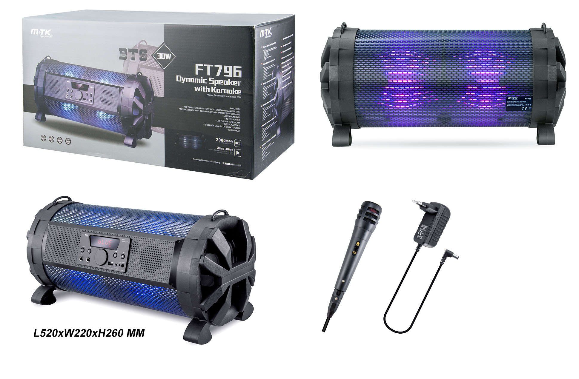 FT796 NE Altavoz Bluetooth Karaoke Night 30W con Microfono, BTS/FM/Audio/USB, 2 Altavoces con Luz LED, Negro