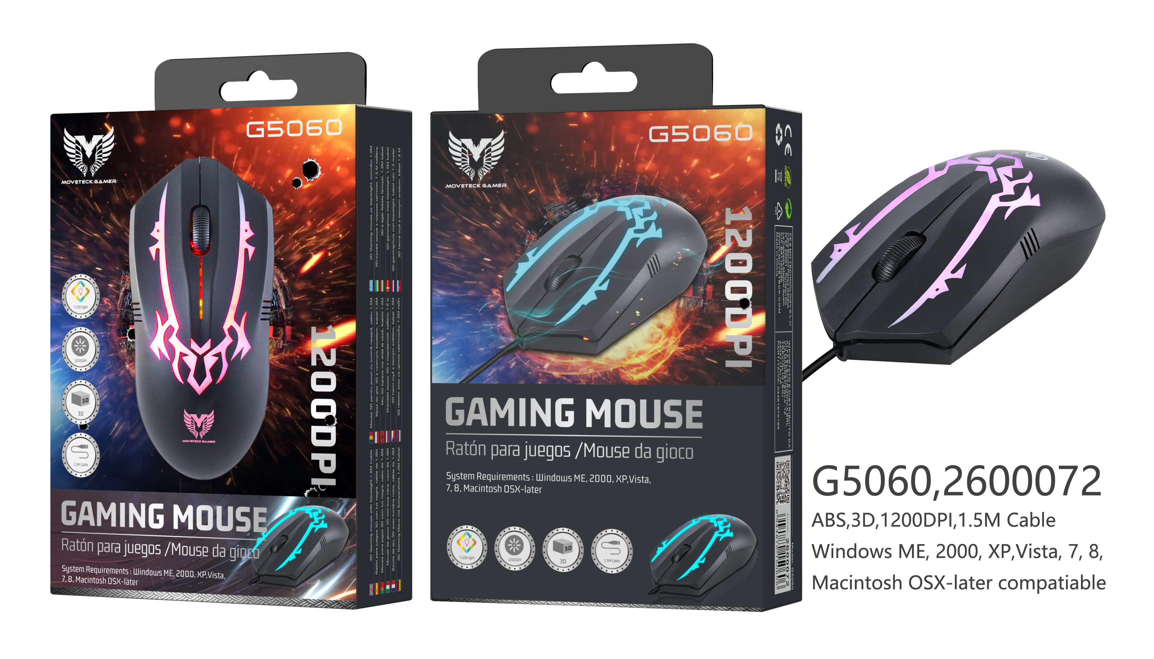 G5060 NE Ratón Gaming BlackLight 1200DPI, 7 Luz LED , Cable 1.50M  ,Negro