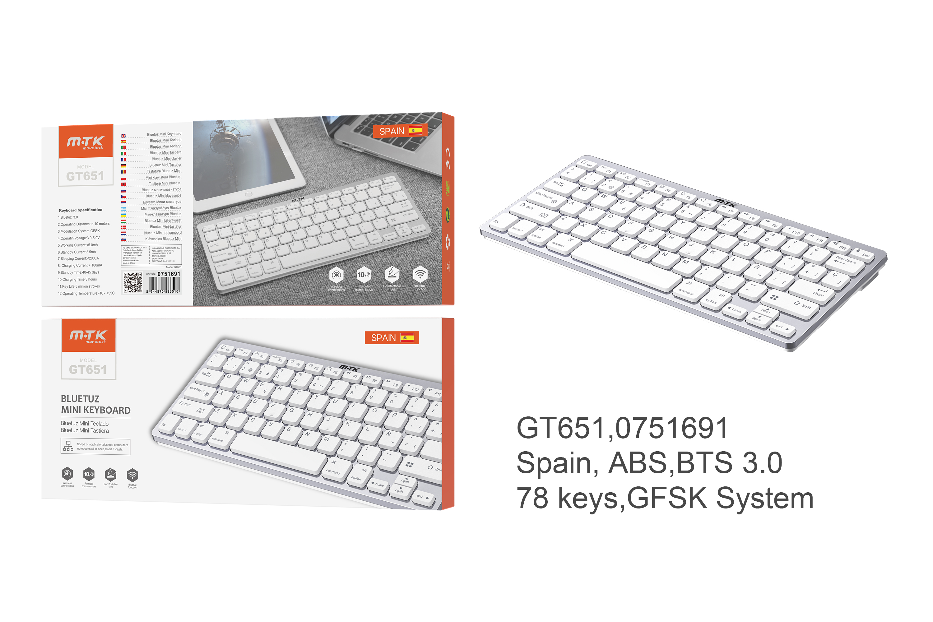 GT651 BL Teclado Inalambrico Bluetooth Orfeo , Blanco