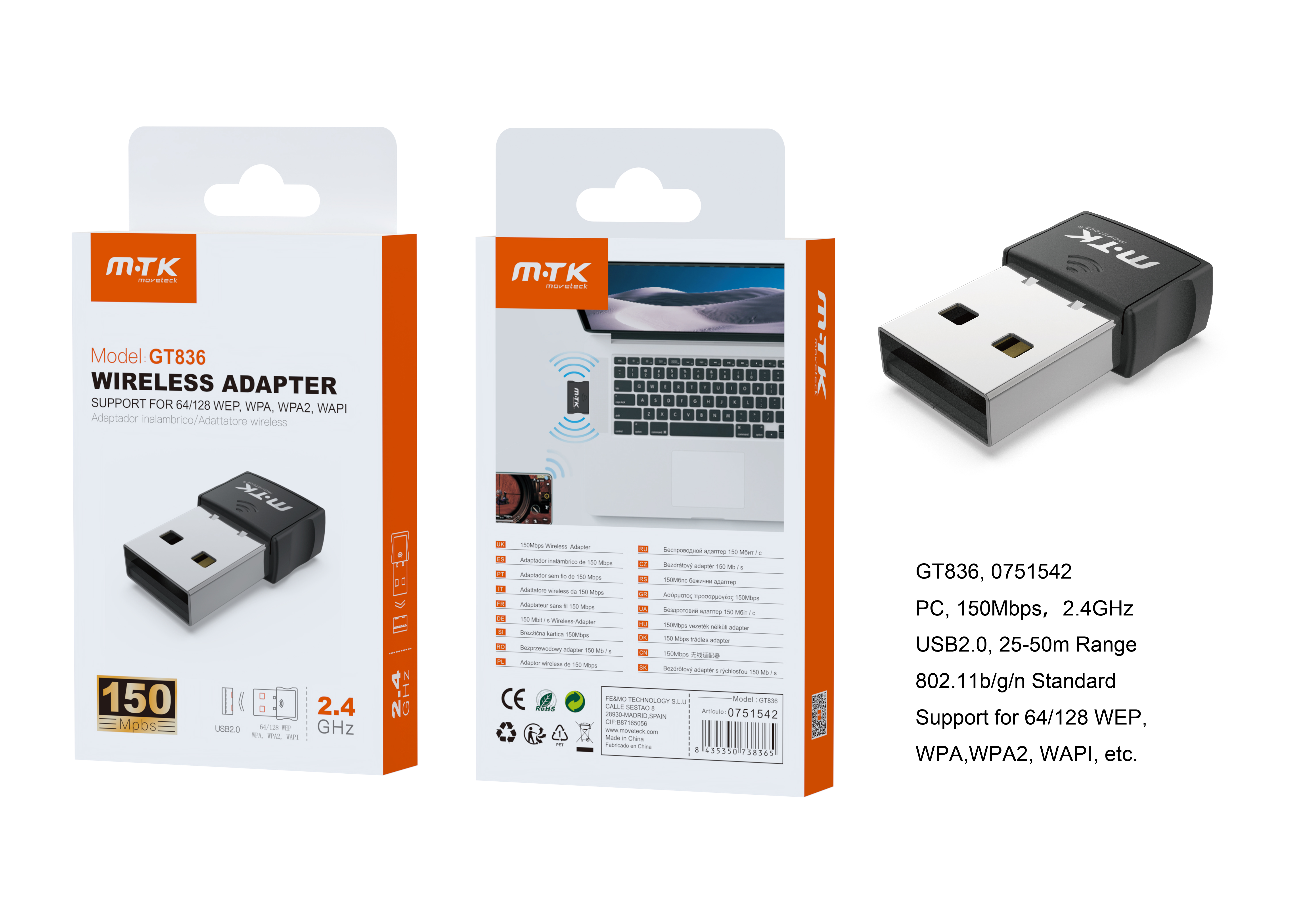 GT836 Mini Adaptador Wifi - USB, 150Mbps Negro