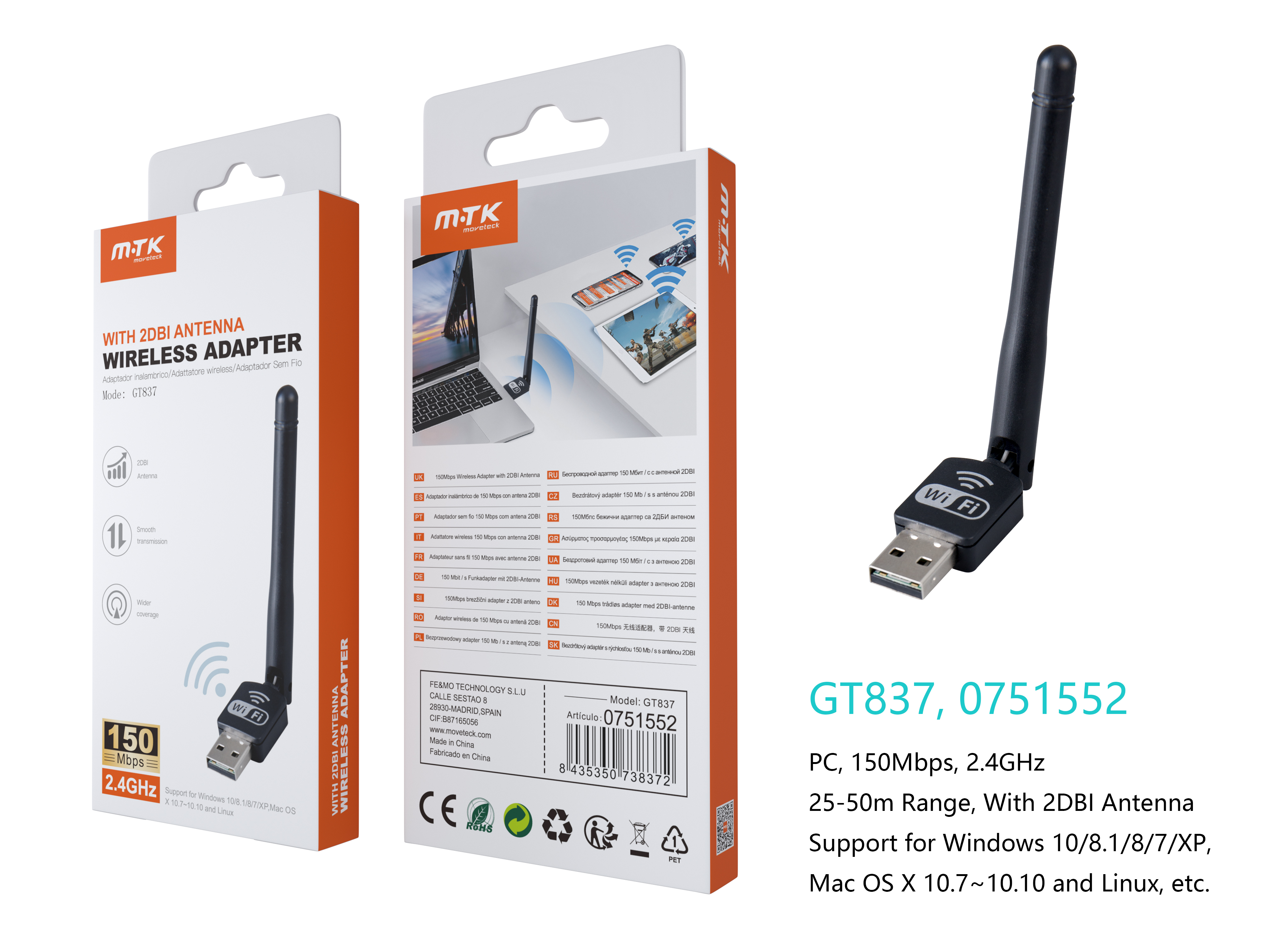 GT837 Mini Adaptador Wifi - USB, con Antena 2DBI, 150Mbps Negro