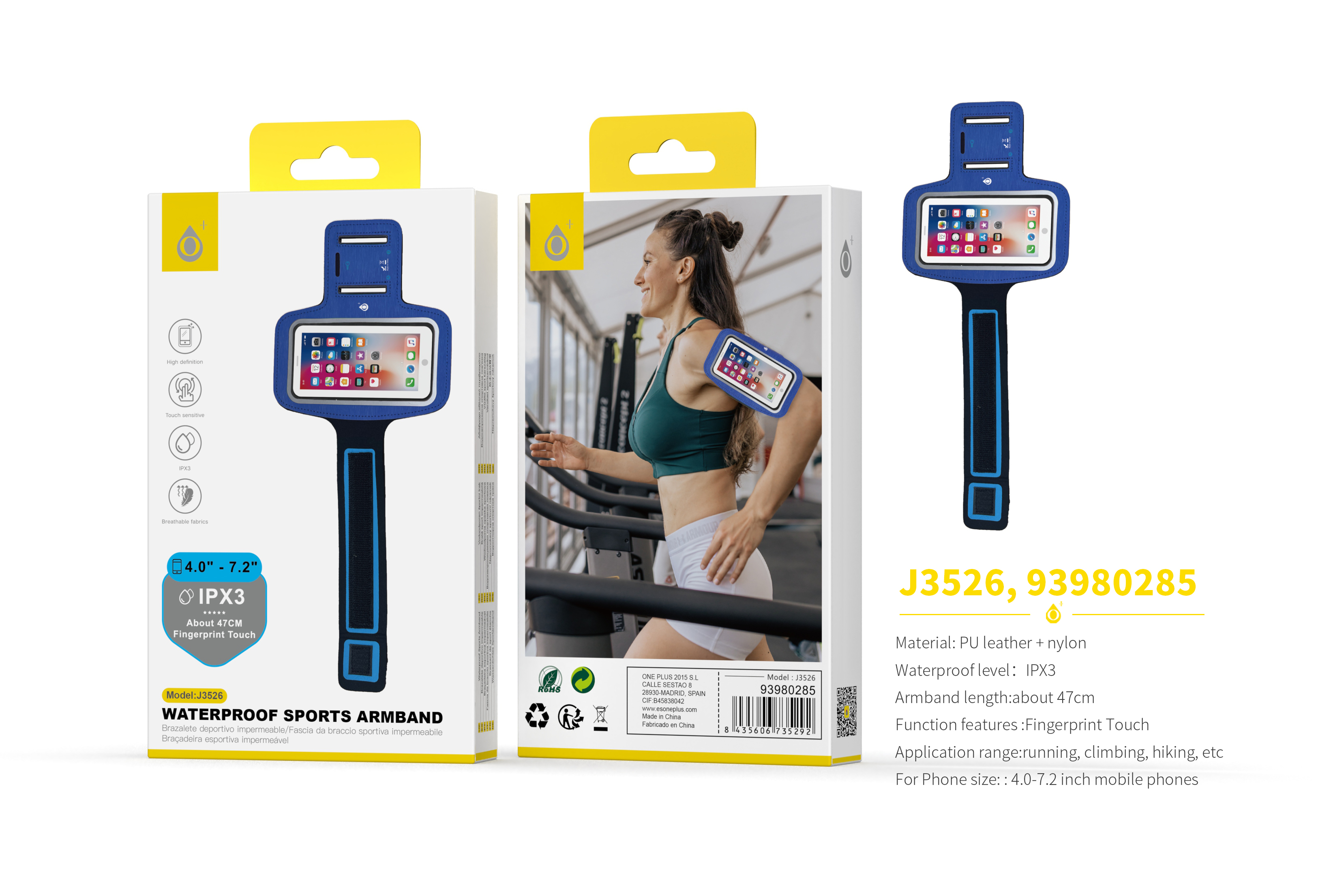 J3526 AZ Armband Brazalete Deportivo, Tactil Impermeable IPX3, Brazo 47cm, para Movil 4-7.2 Pulgadas