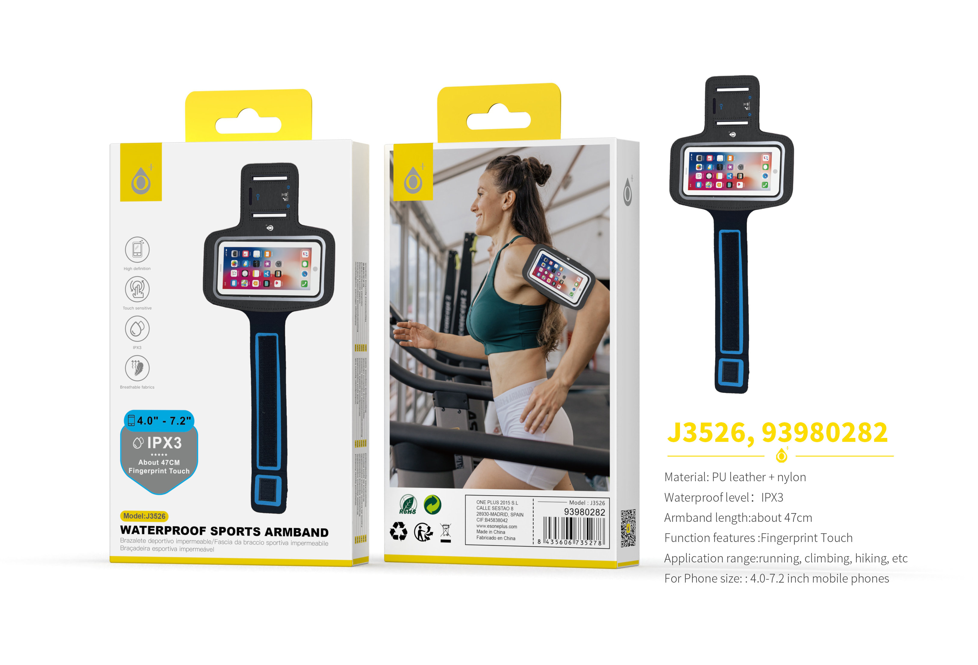 J3526 NE Armband Brazalete Deportivo, Tactil Impermeable IPX3, Brazo 47cm, para Movil 4-7.2 Pulgadas