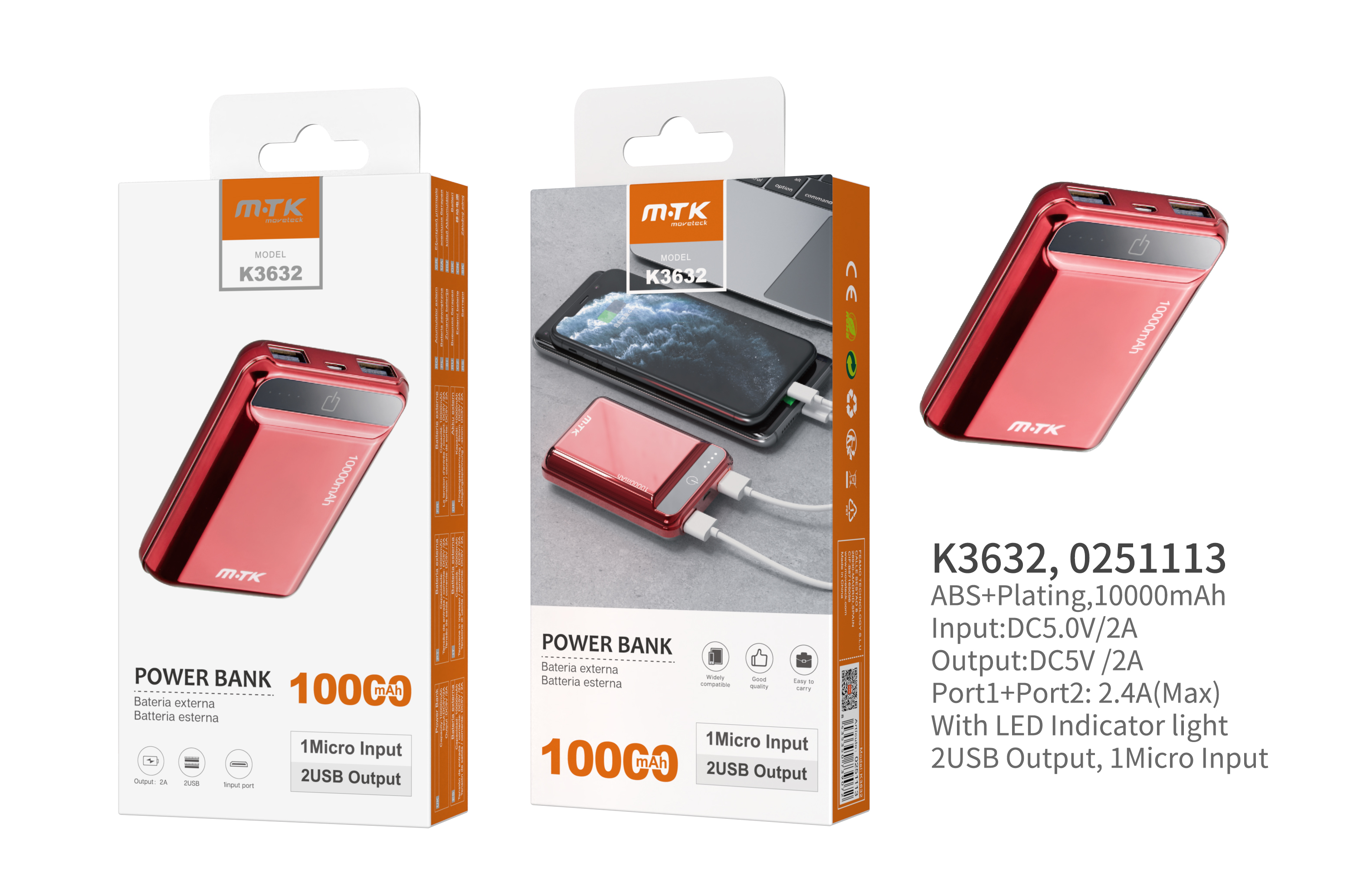 K3632 RJ PowerBank PocketStation 10000mAh, 2USB with LED Indicador, Rojo