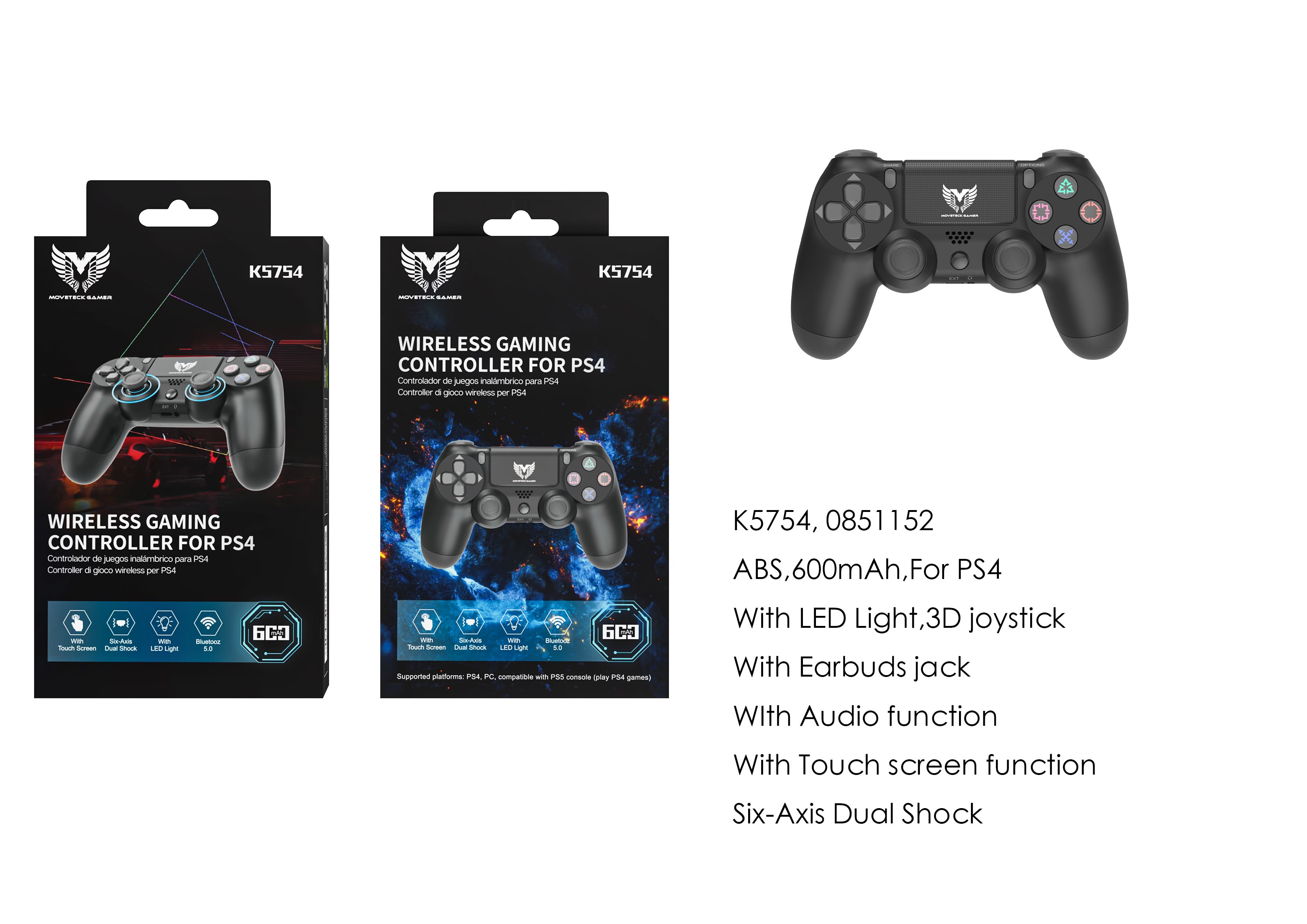 K5754 NE Mando inalambrico de Bluetooth 5.0 para PS4 y PC con luz LED, Panel tactil, Joystick 3D con Doble vibracion, 6 Axis Gyro Sensor, Salida de Au