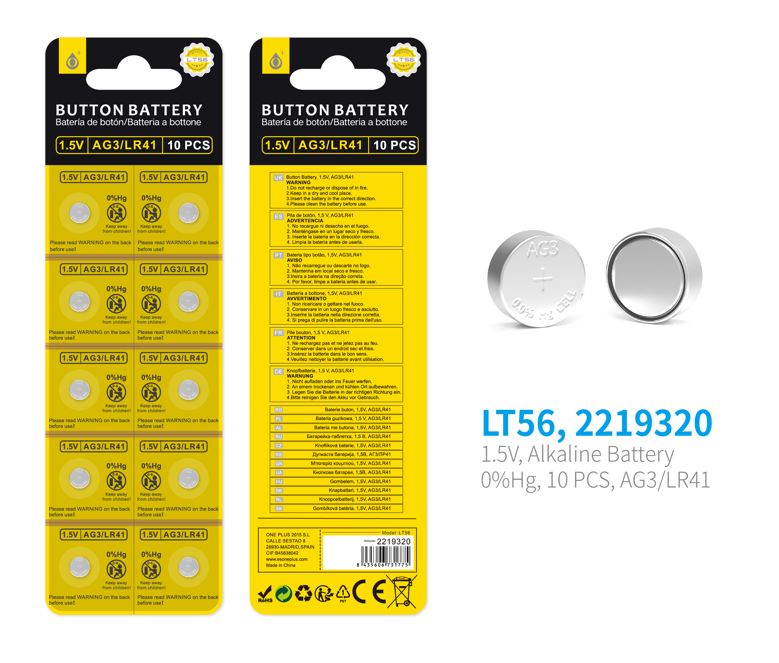 LT56 Pilas Alcalinas de Boton, Sin Mercurio (Pack 10) 1.5V,AG3/LR41