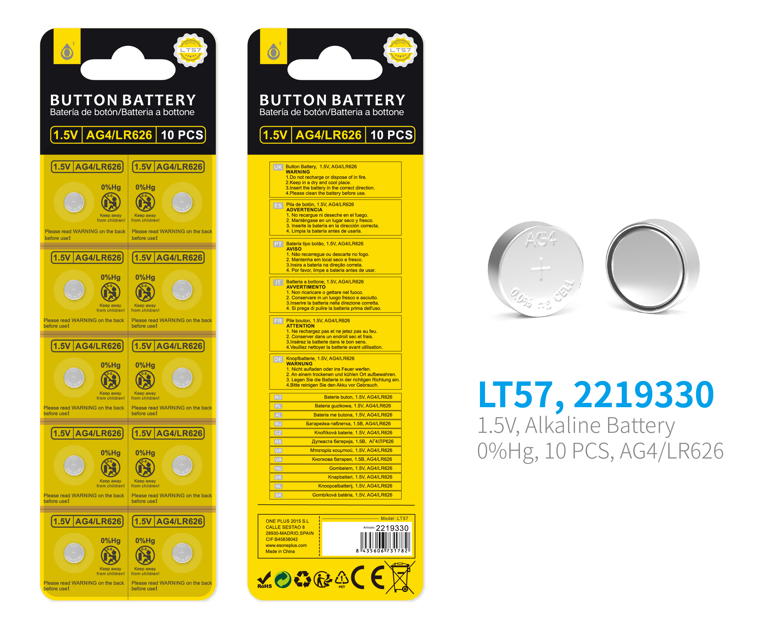 LT57 Pilas Alcalinas de Boton, Sin Mercurio (Pack 10) 1.5V,AG4/LR626