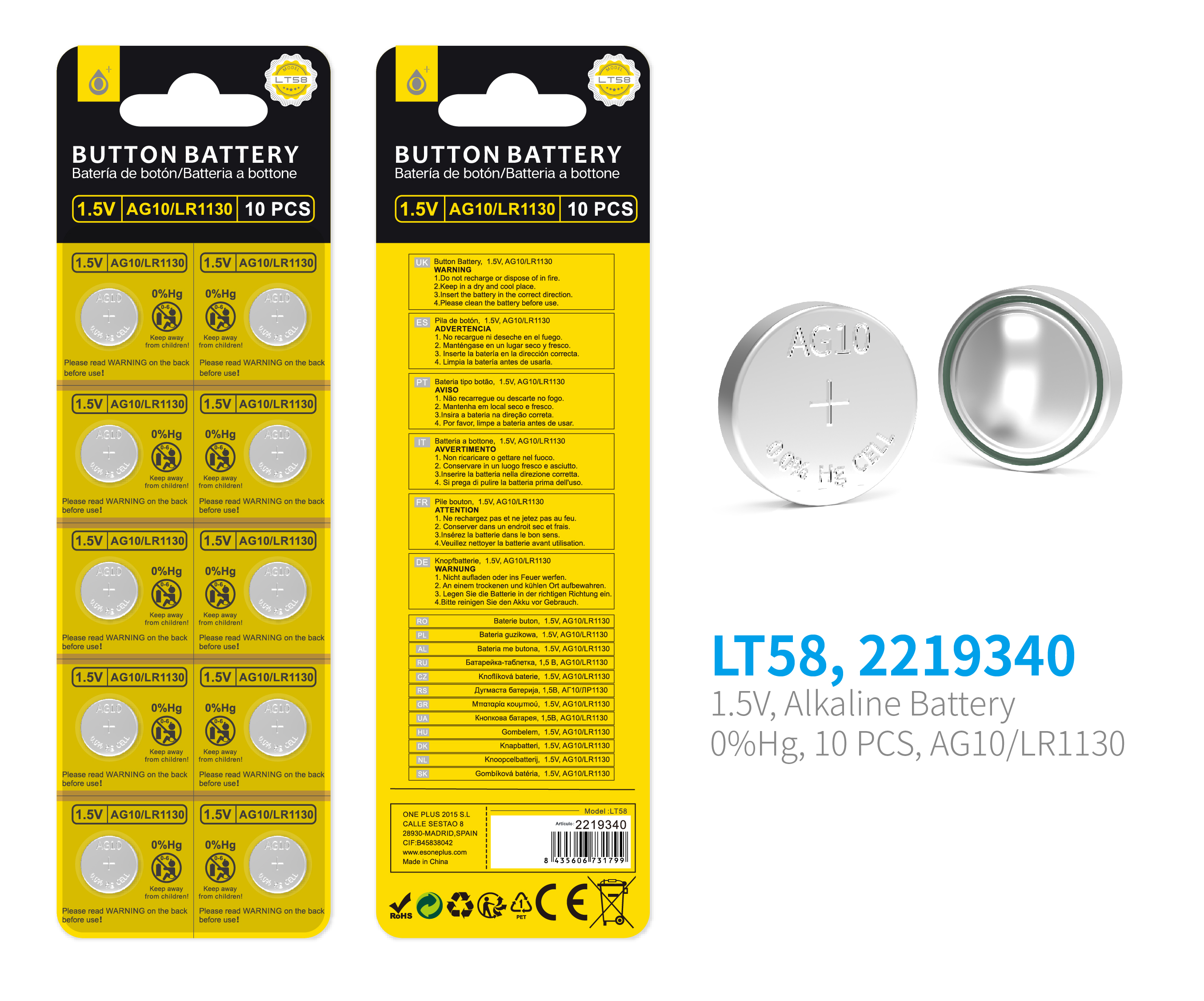 LT58 Pilas Alcalinas de Boton, Sin Mercurio (Pack 10) 1.5V,AG10/LR1130