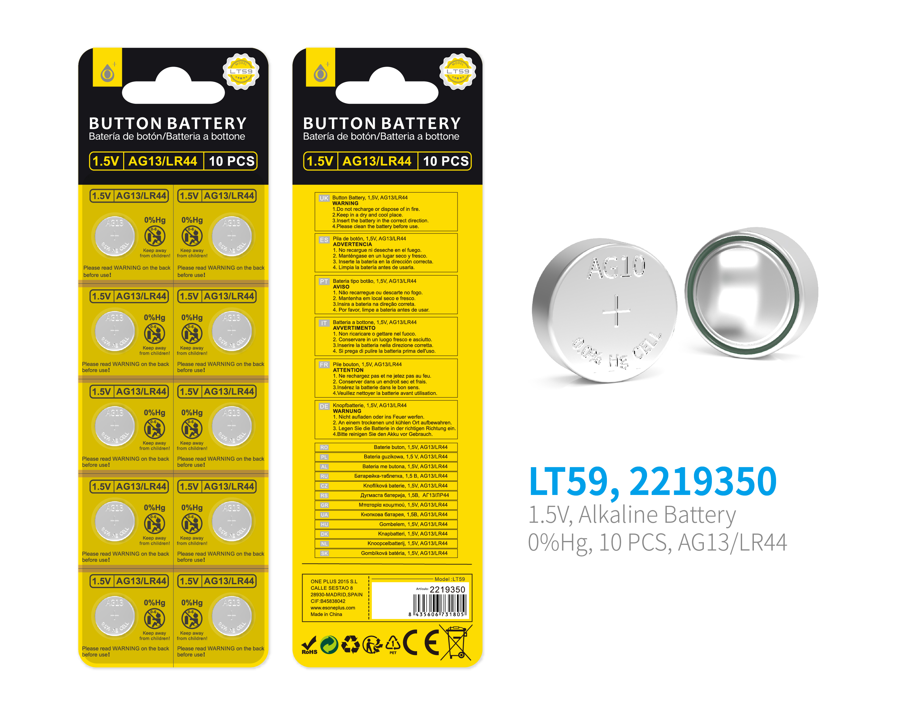 LT59 Pilas Alcalinas de Boton, Sin Mercurio (Pack 10) 1.5V,AG13/LR44