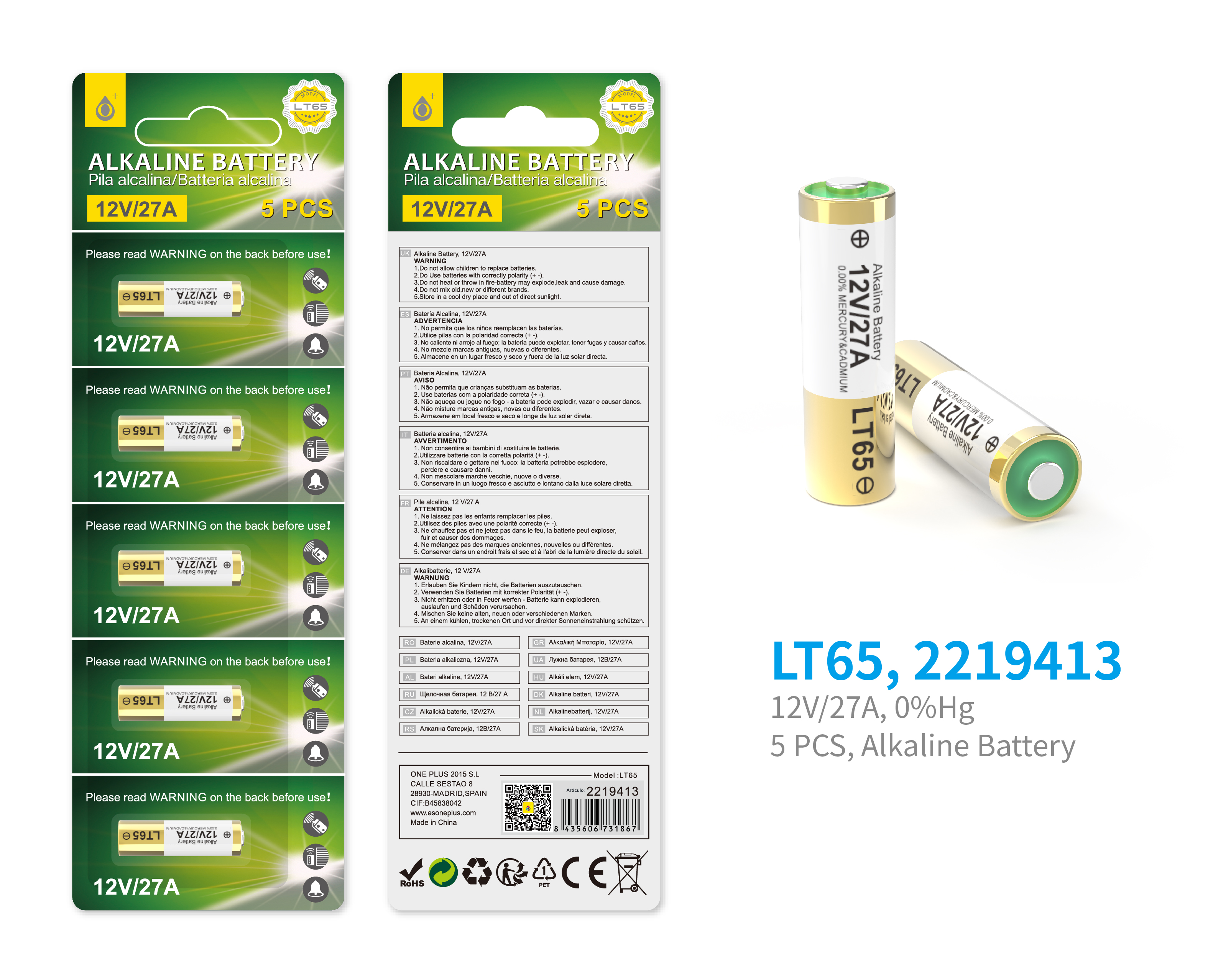 LT65 Pilas Alcalinas, Sin Mercurio (Pack5)12/27A