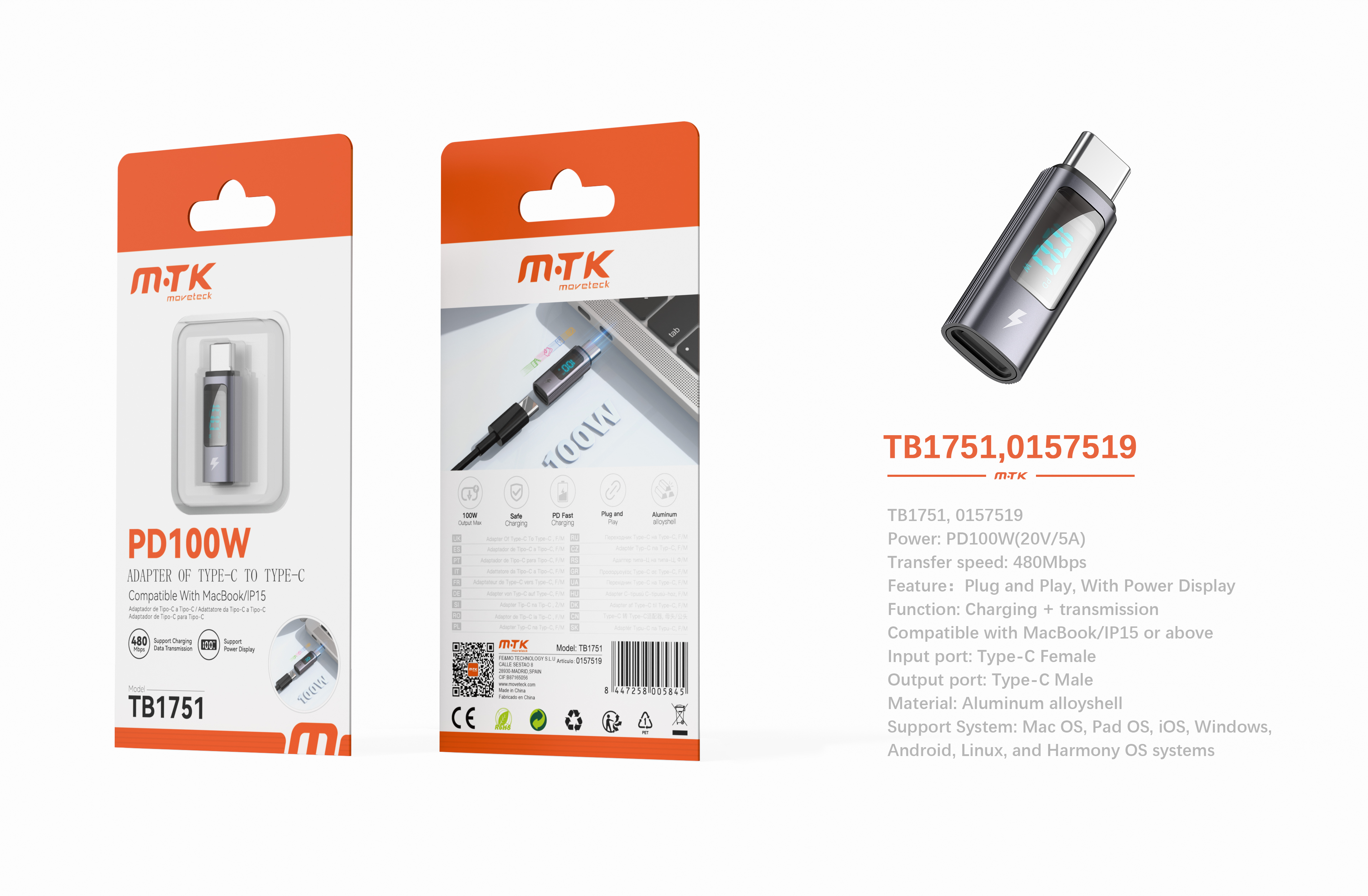 Luxury TB1751 GR Adaptador aluminio Type-C hembra a Type-C Macho con indicador de potencia, PD 100W/