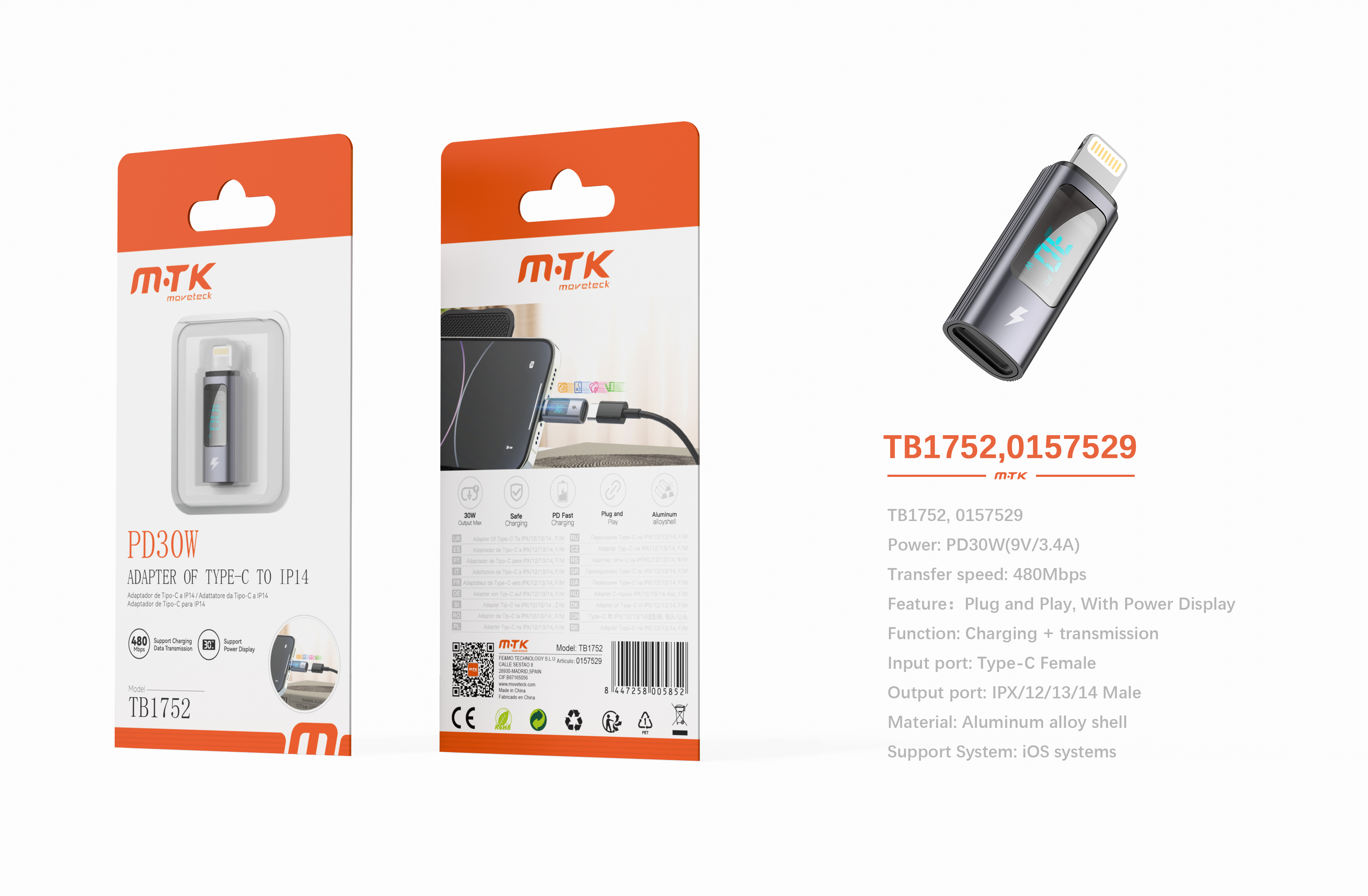 Luxury TB1752 GR Adaptador aluminio Type-C hembra a Iphone Macho con indicador de potencia, PD 30W/9