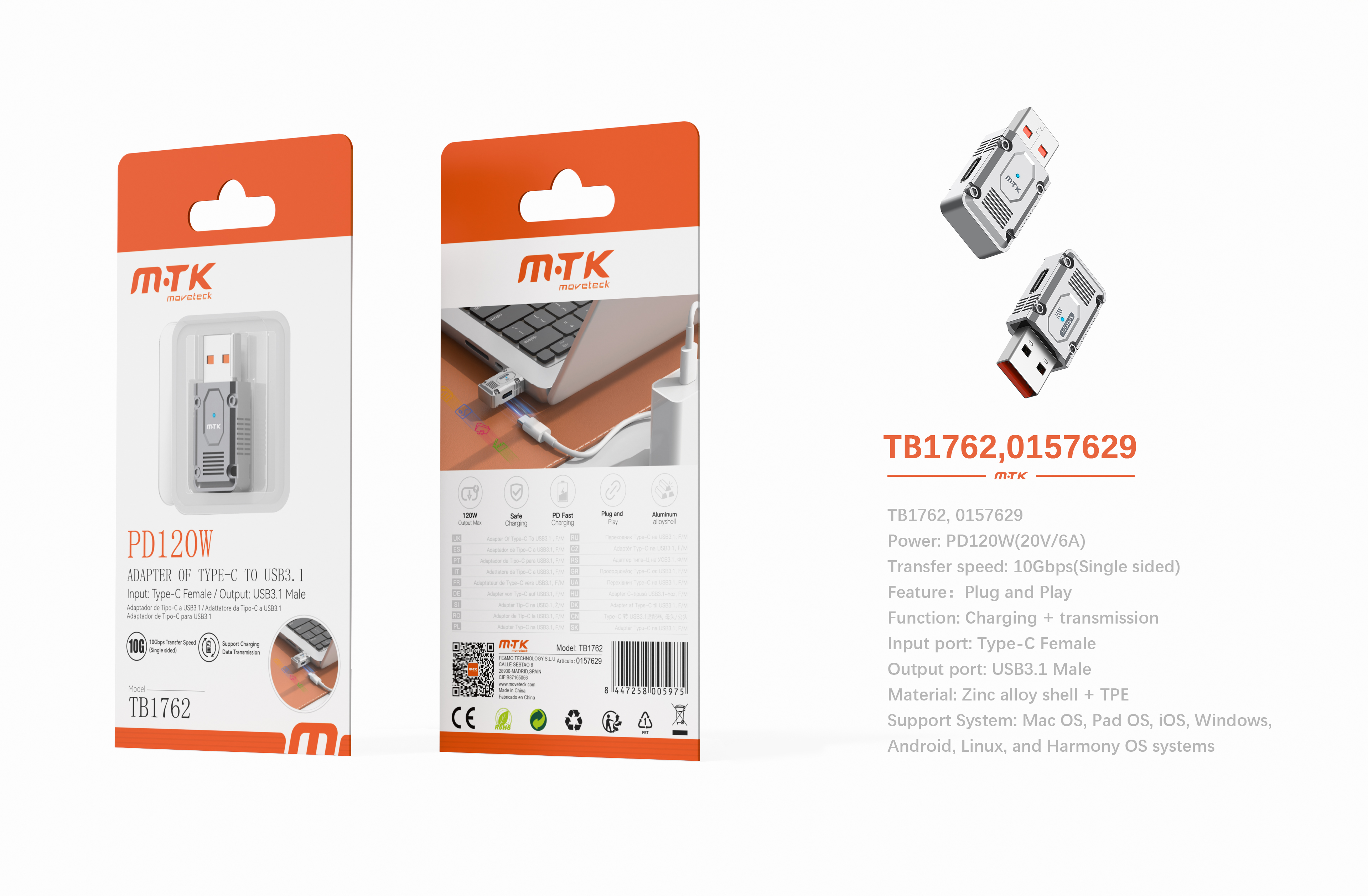 Luxury TB1762 GR Adaptador Type-C hembra a USB 3.1 Macho, PD 120W/20V/6A/10Gbps, Gris