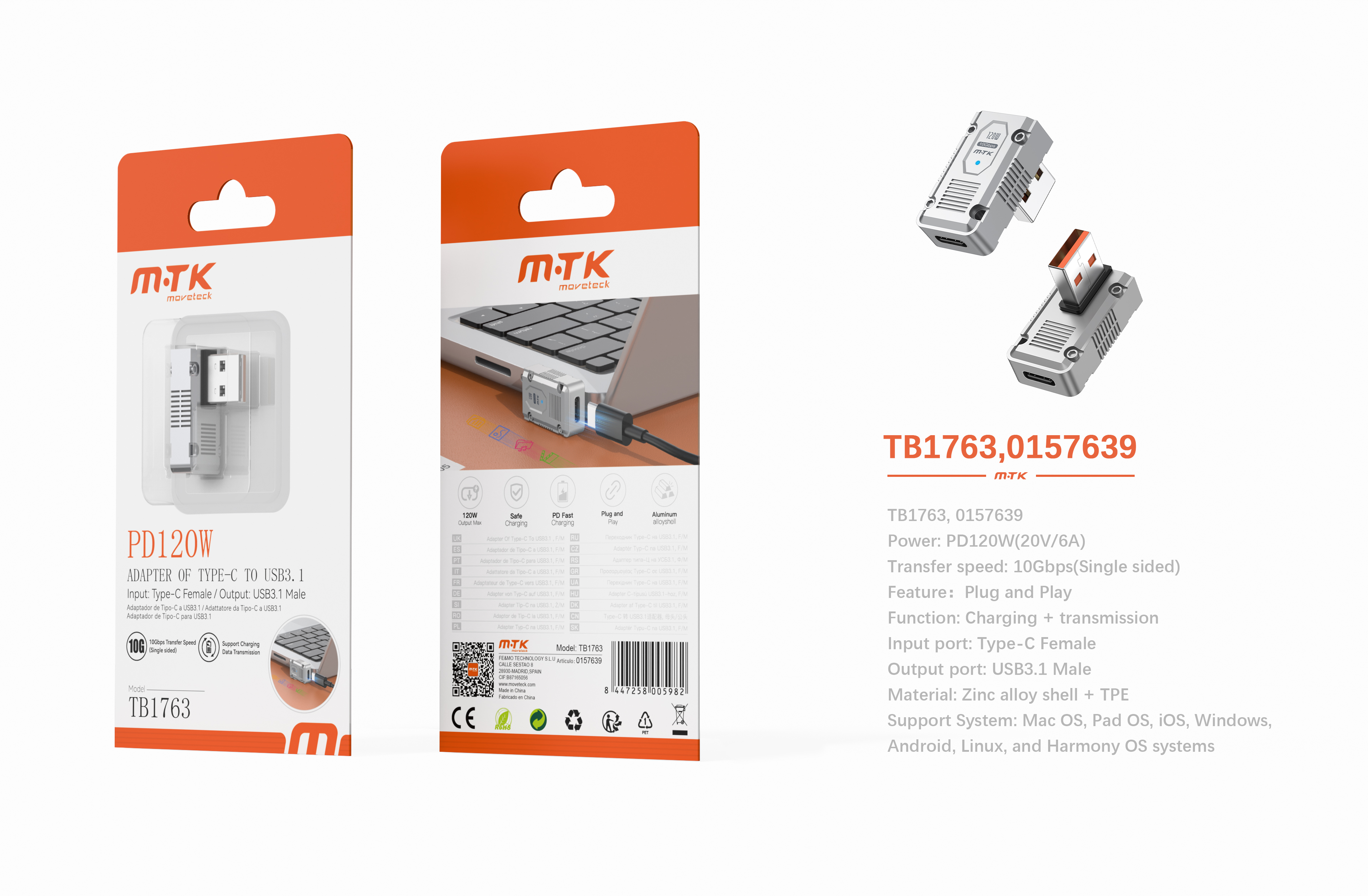 Luxury TB1763 GR Adaptador en T Type-C hembra a USB 3.1 Macho, PD 120W/20V/6A/10Gbps, Gris