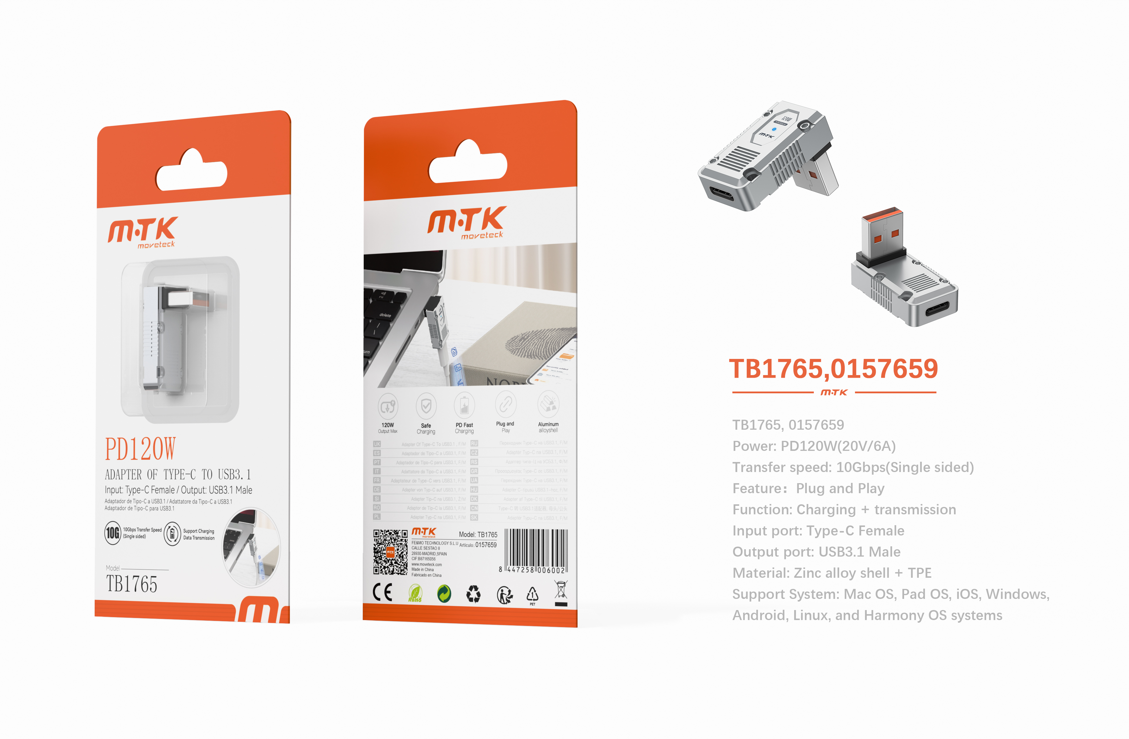 Luxury TB1765 GR Adaptador en L Type-C hembra a USB 3.1 Macho, PD 120W/20V/6A/10Gbps, Gris