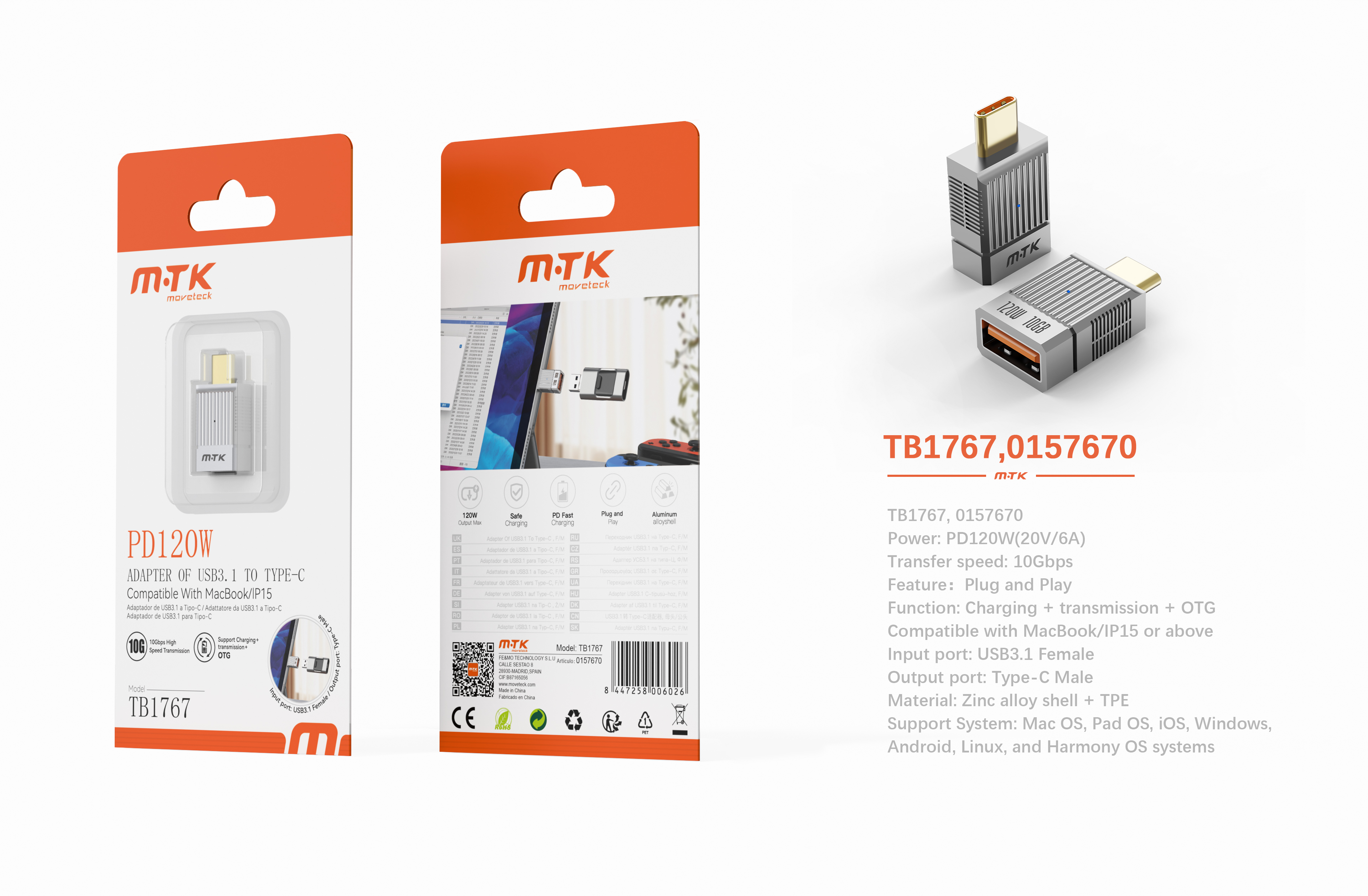 Luxury TB1767 GR Adaptador OTG USB 3.1 hembra a Type-C Macho, PD 120W/20V/6A/10Gbps, Compatible Appl