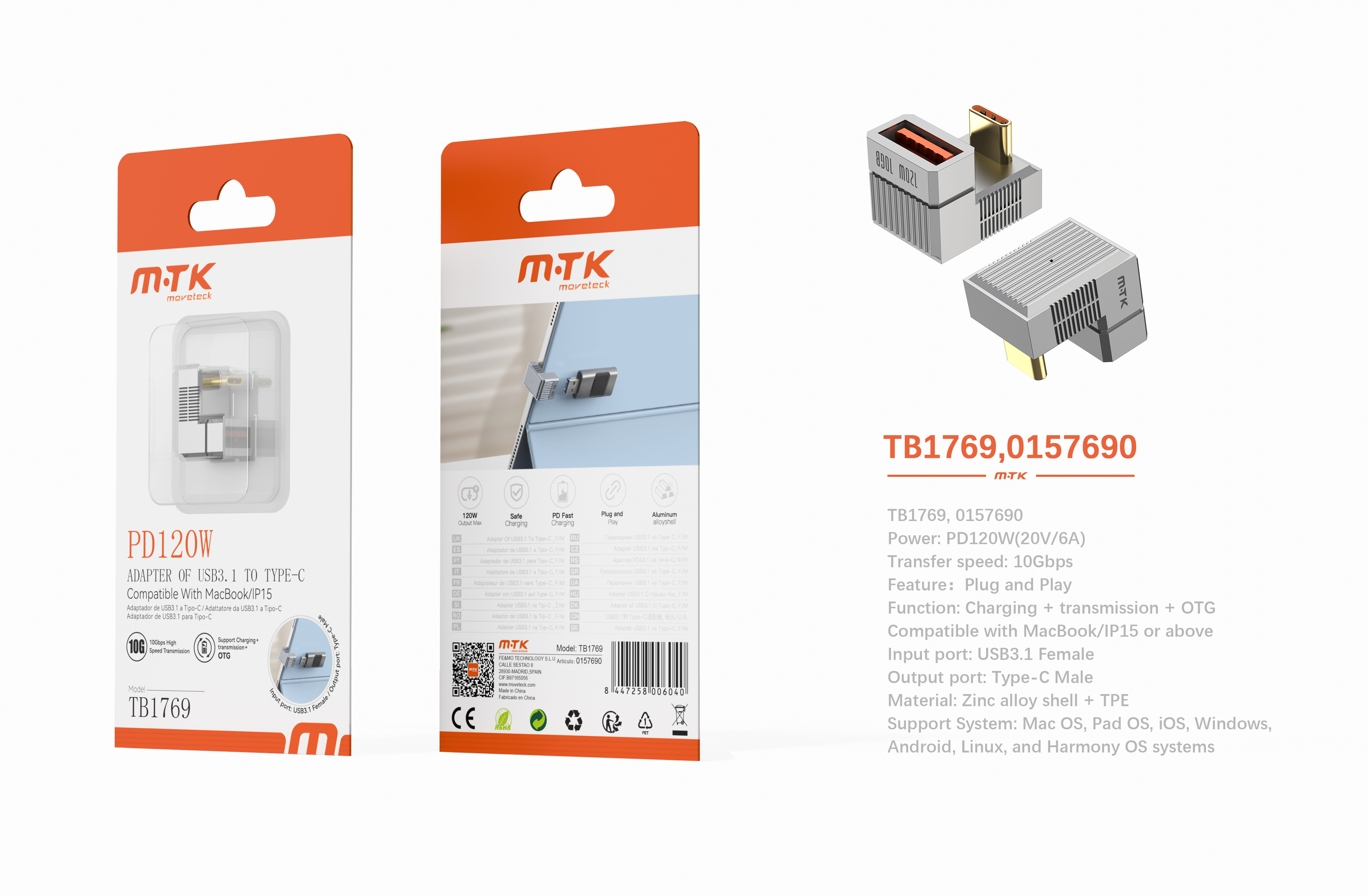 Luxury TB1769 GR Adaptador OTG en U USB 3.1 hembra a Type-C Macho, PD 120W/20V/6A/10Gbps, Compatible