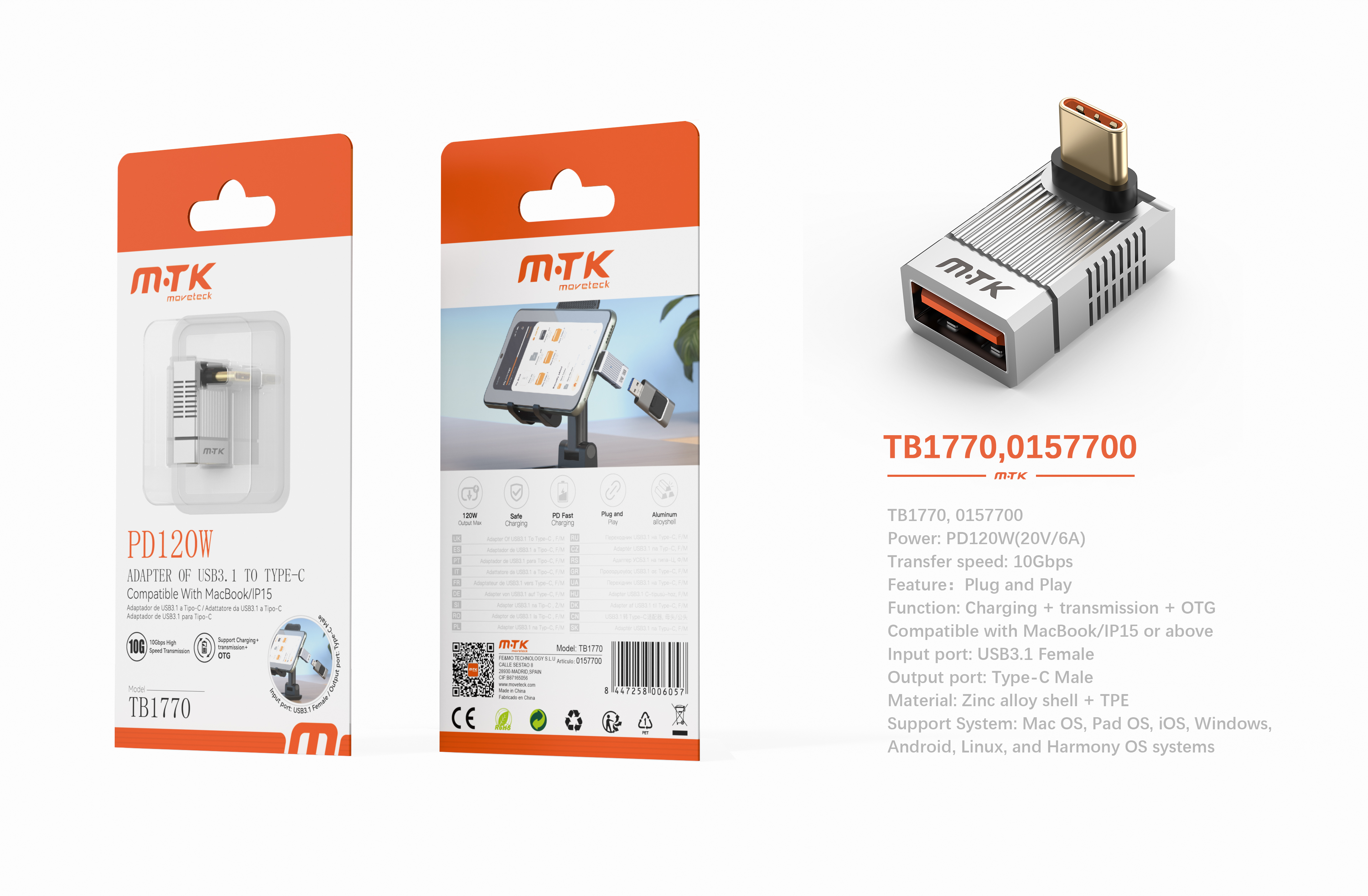 Luxury TB1770 GR Adaptador OTG en L USB 3.1 hembra a Type-C Macho, PD 120W/20V/6A/10Gbps, Compatible