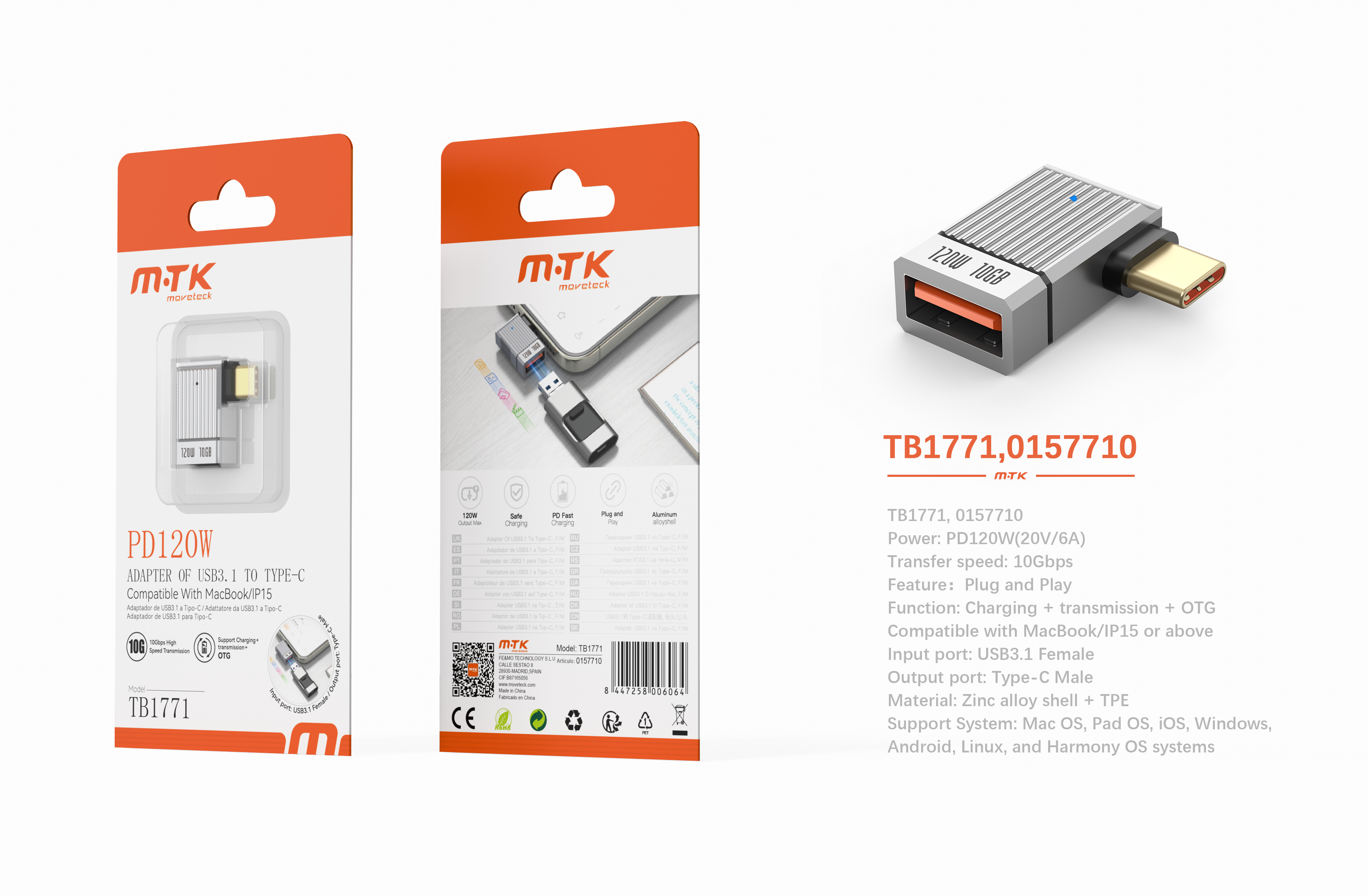 Luxury TB1771 GR Adaptador OTG en L USB 3.1 hembra a Type-C Macho, PD 120W/20V/6A/10Gbps, Compatible