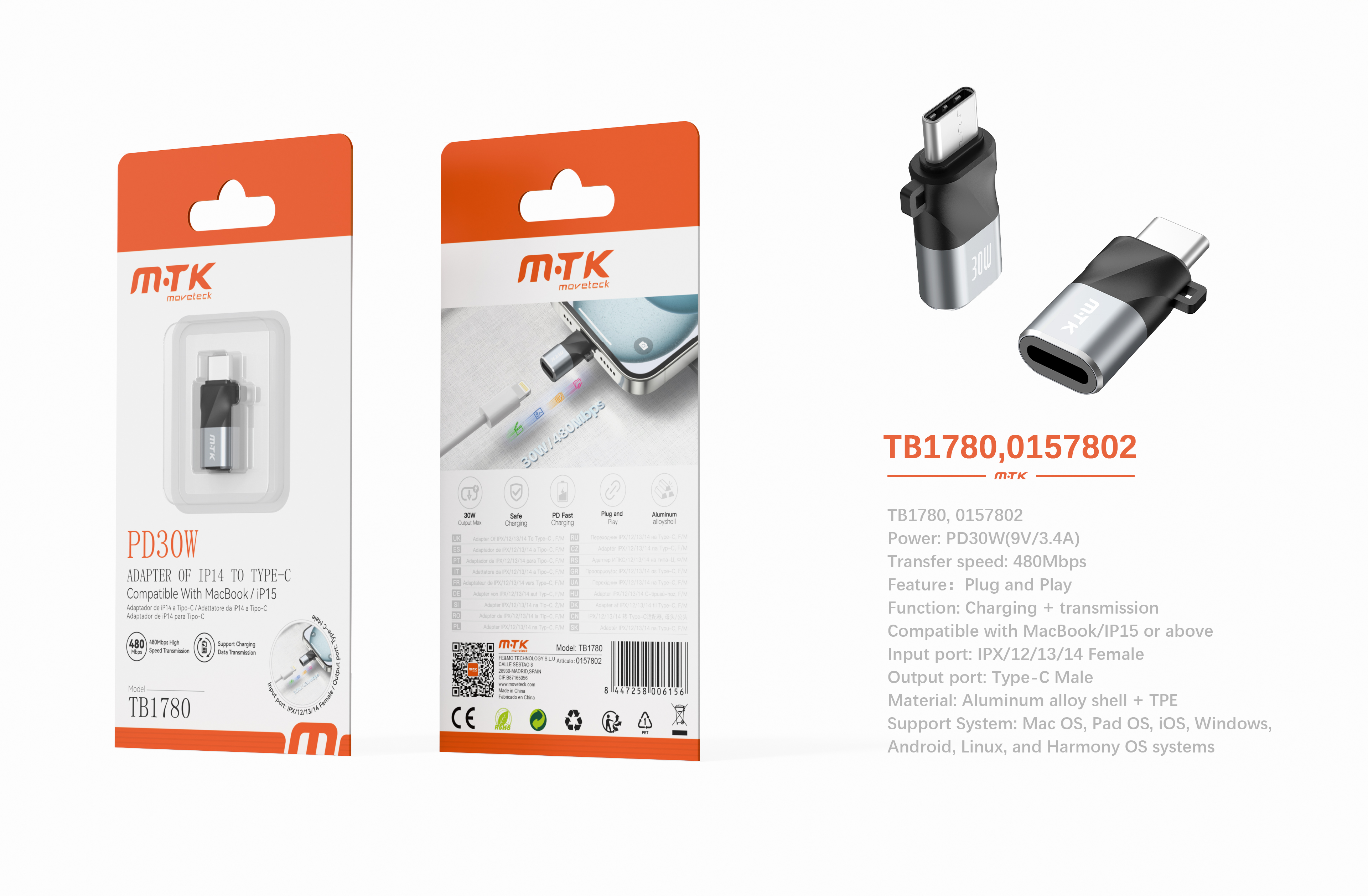 Luxury TB1780 GR Adaptador aluminio Iphone hembra a Type-C Macho, PD 30W/9V/3.4A/480Mbps,Compatible