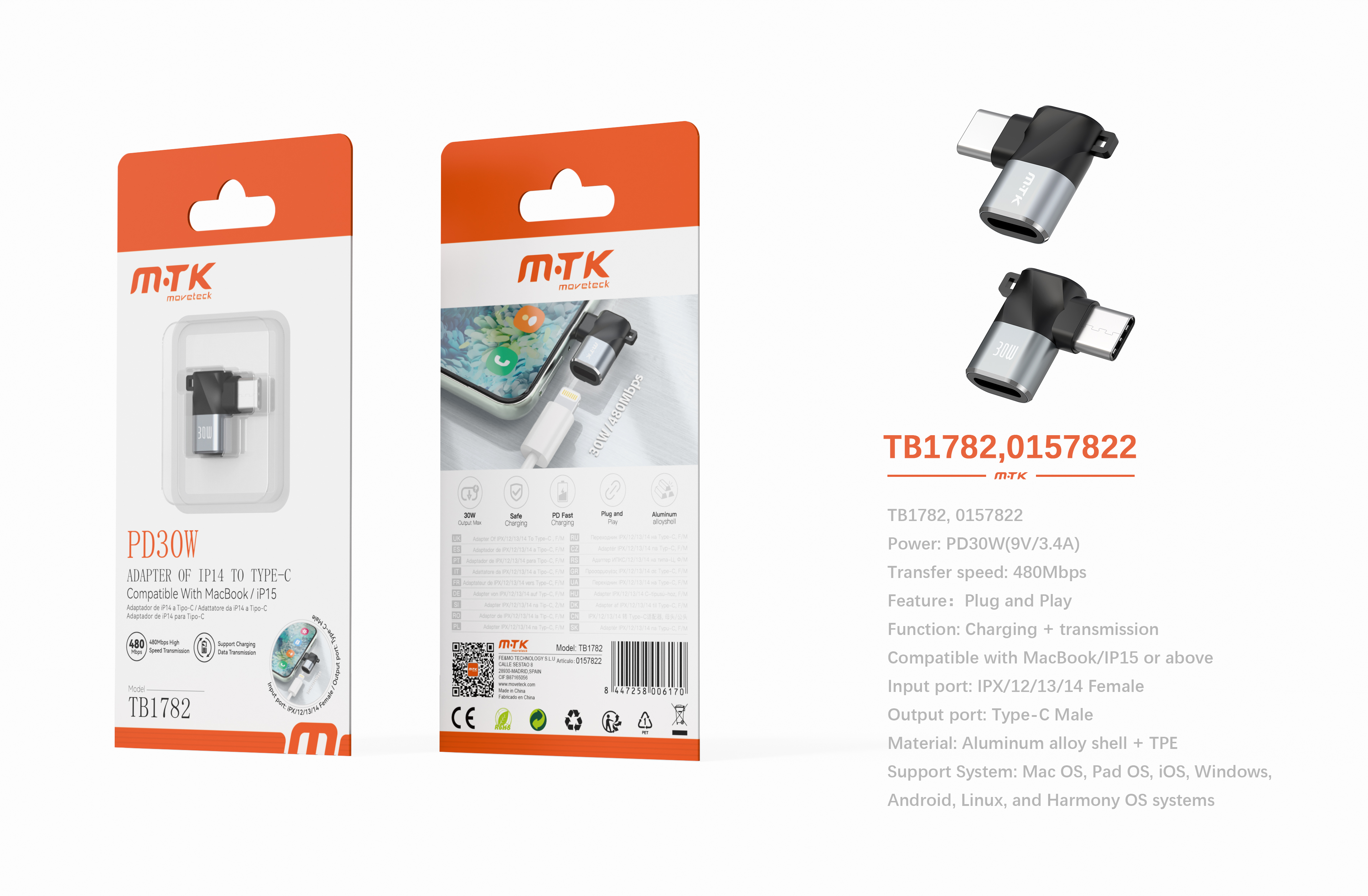 Luxury TB1782 GR Adaptador aluminio en L Iphone hembra a Type-C Macho, PD 30W/9V/3.4A/480Mbps,Compat
