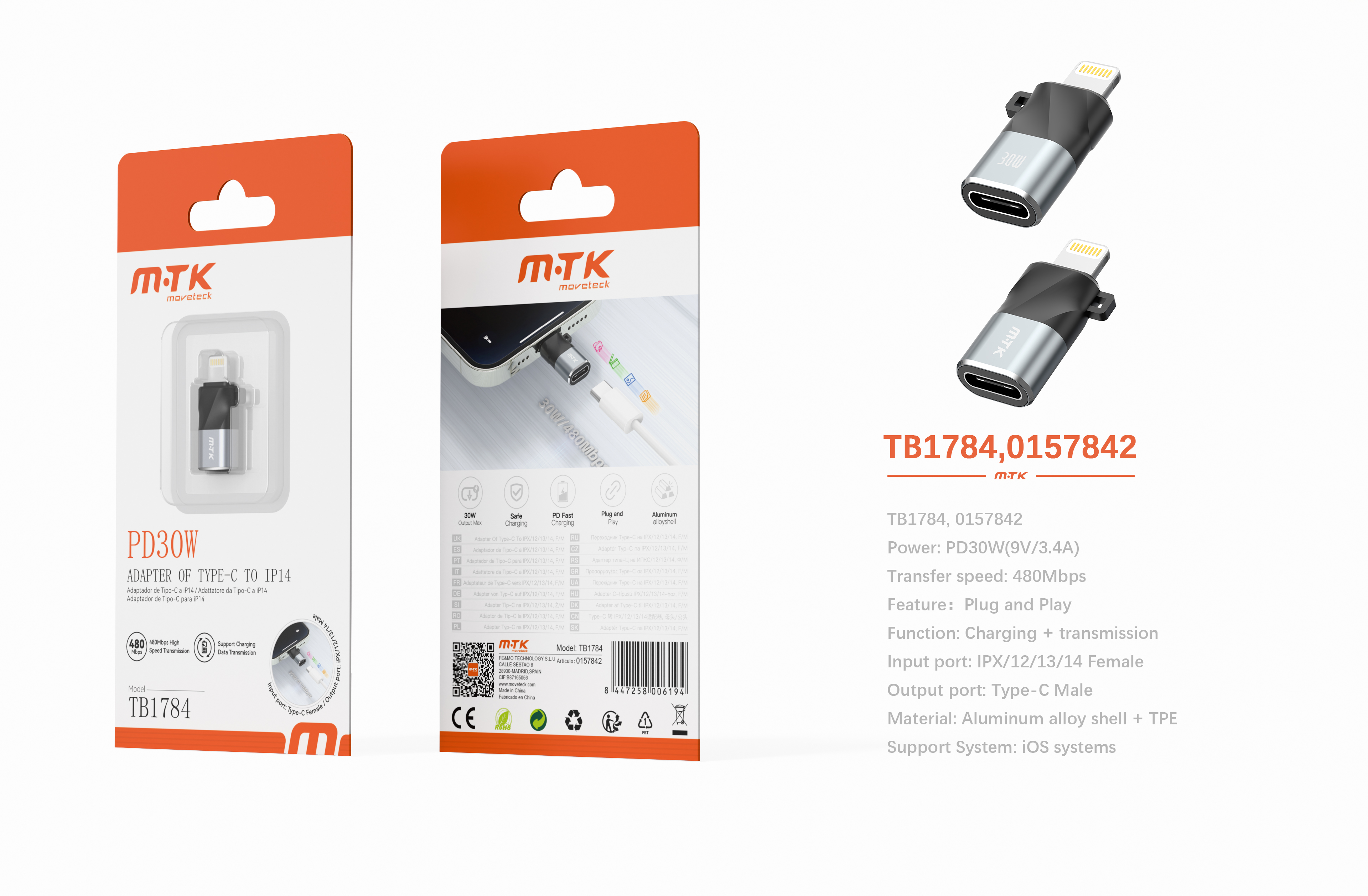 Luxury TB1784 GR Adaptador aluminio Type-C hembra a Iphone Macho, PD 30W/9V/3.4A/480Mbps, Gris