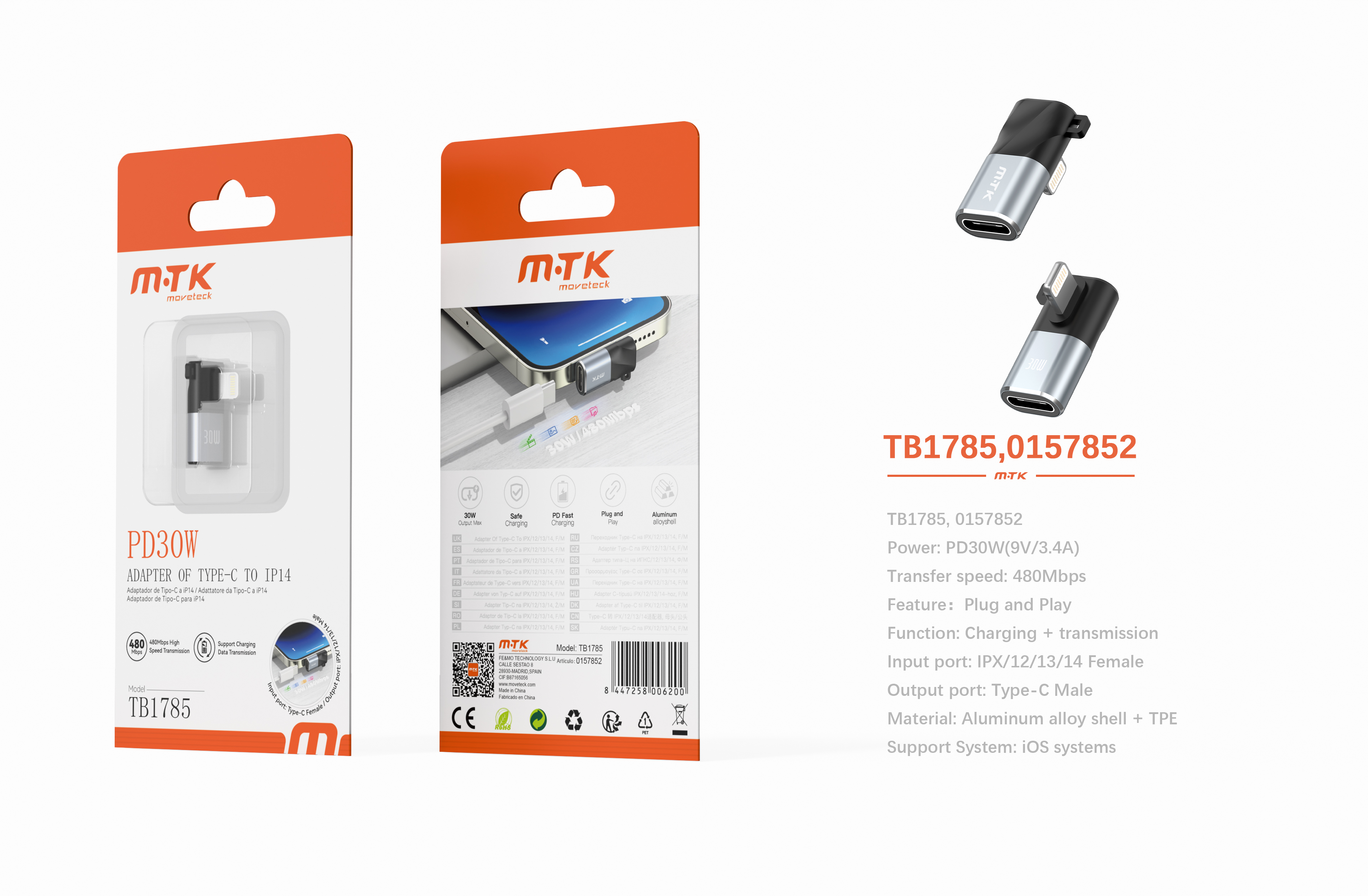 Luxury TB1785 GR Adaptador aluminio en T Type-C hembra a Iphone Macho, PD 30W/9V/3.4A/480Mbps, Gris