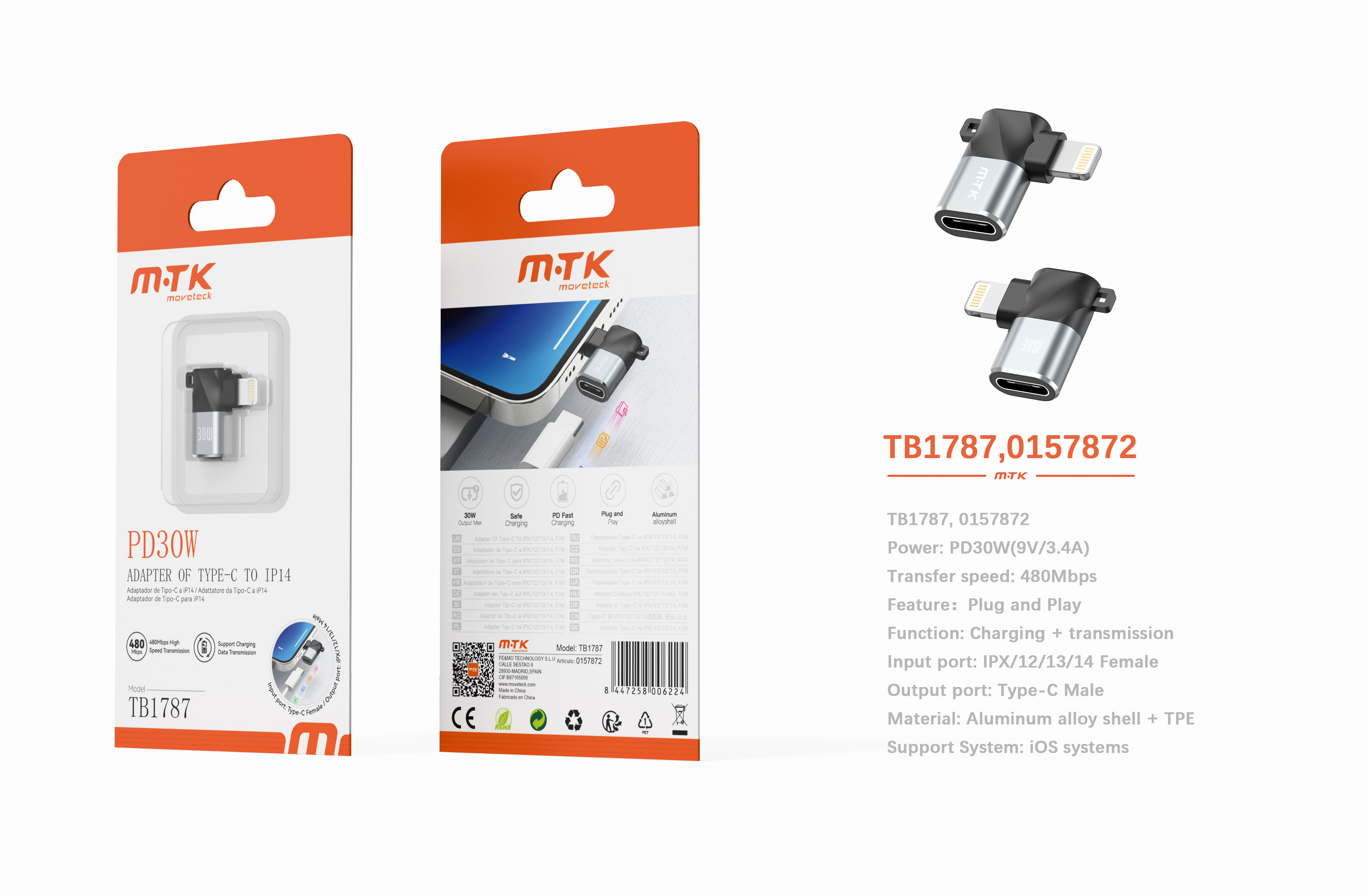 Luxury TB1787 GR Adaptador aluminio en L Type-C hembra a Iphone Macho, PD 30W/9V/3.4A/480Mbps, Gris