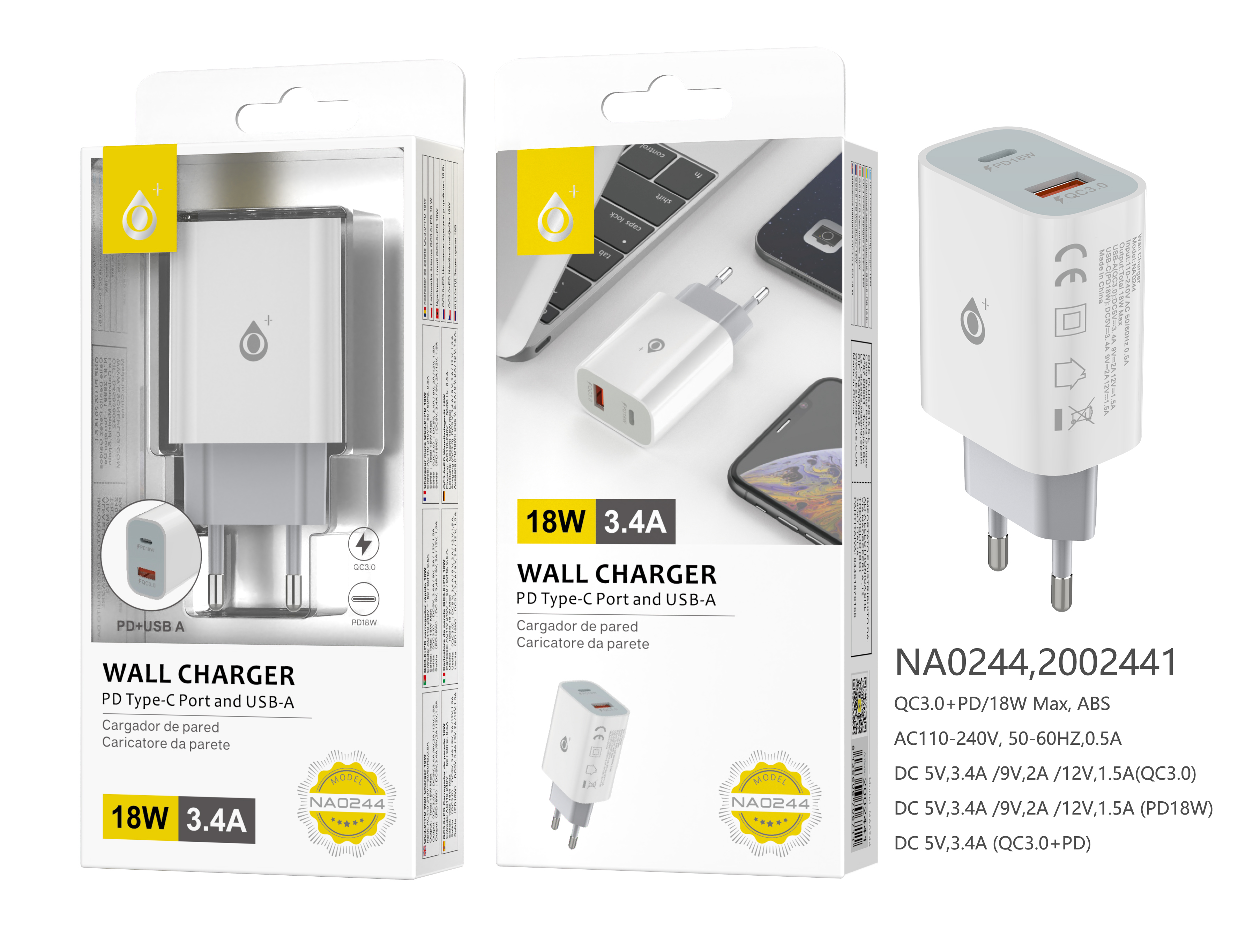 NA0244 BL Cargador Rapido de Red Alma sin cable, Dual USB de PD y QC3.0 18W, 3.4A Max, Blanco